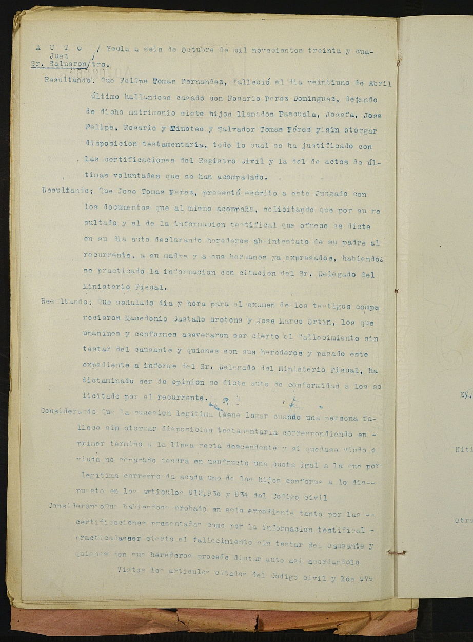 Declaración de herederos 141/1934 del Juzgado de Primera Instancia e Instrucción Nº 1 de Yecla, por defunción de Felipe Tomás Fernández.