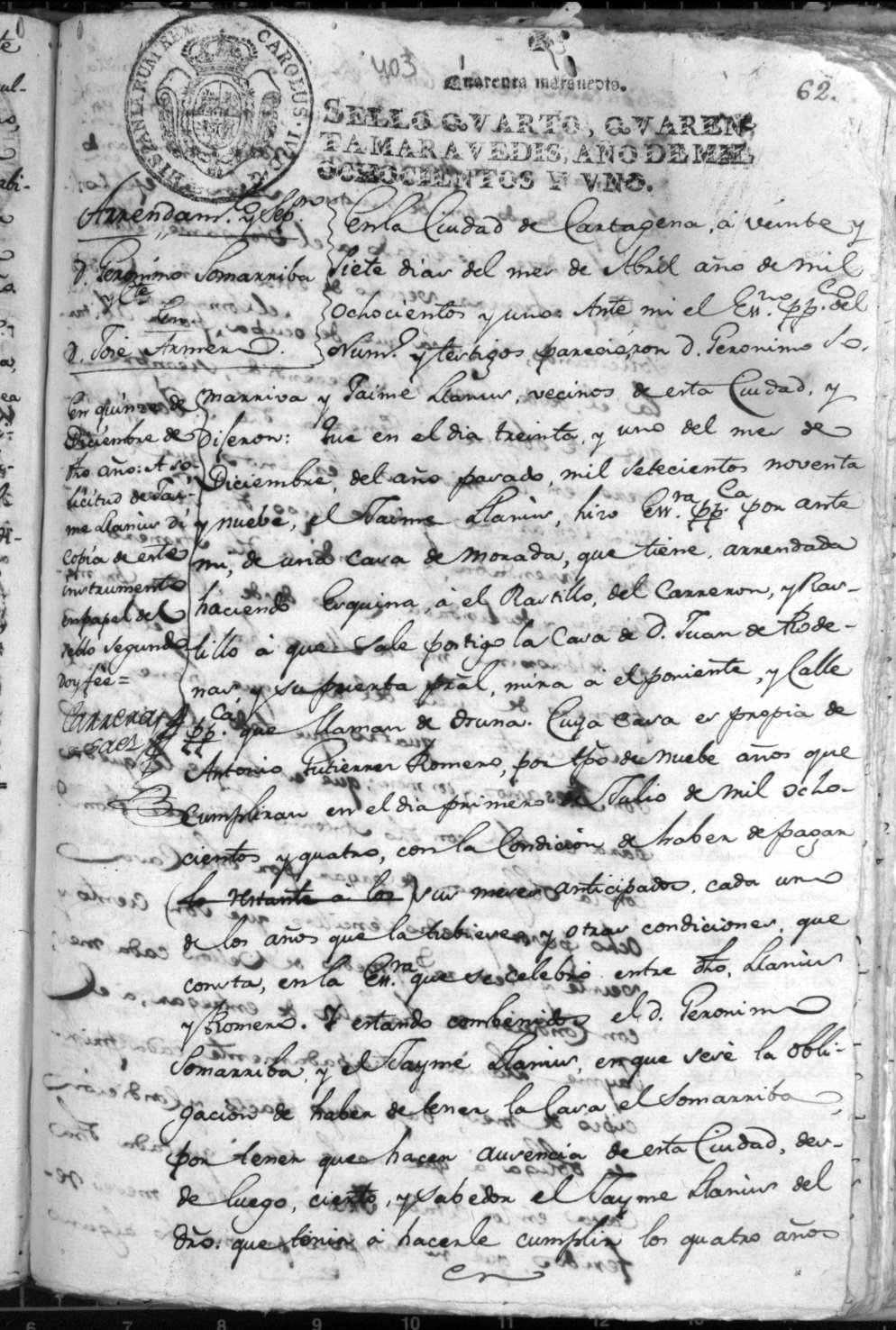 Registro de Antonio Martínez Peralta y Luján, Cartagena de 1799-1801.