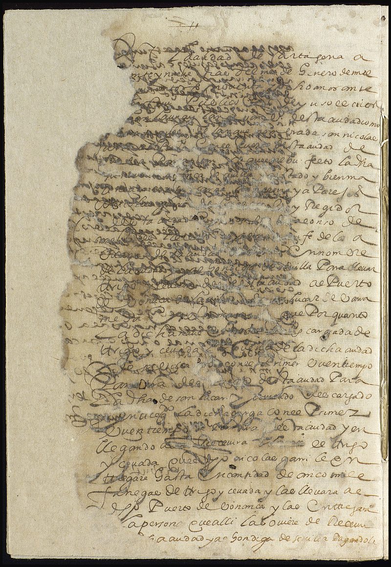 Carta de fletamento otorgada por Julián Launay Langaván, propietario de la nave nombrada San Nicolás sita en el puerto de Cartagena, a Alonso de Móstoles para el transporte 5.000 fanegas de trigo y cebada a Sanlúcar de Barrameda.