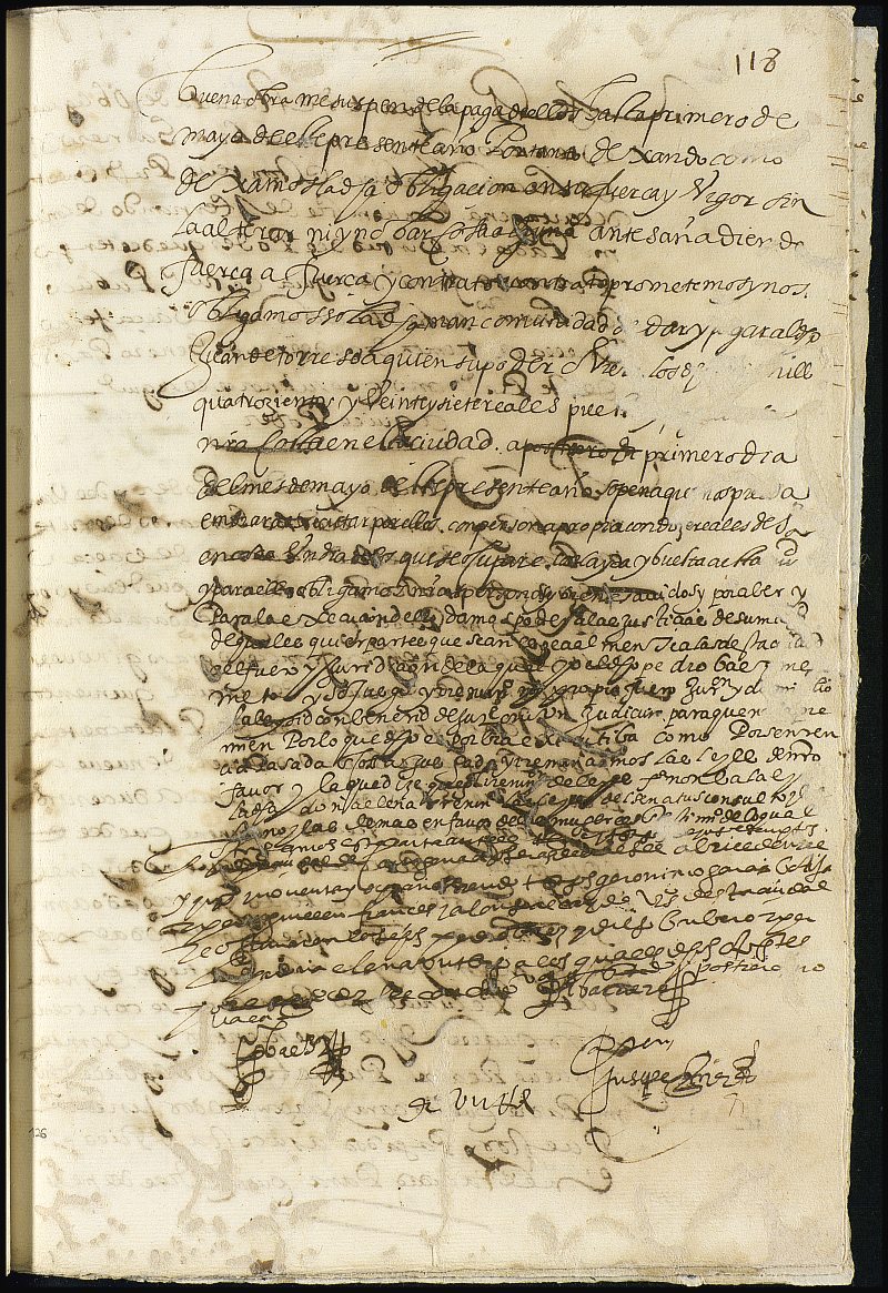 Obligación mancomunada de Pedro Váez como principal deudor y Diego Carvero como su fiador, ambos vecino de Murcia, a Juan de Torres, escribano público por 1.427 reales.