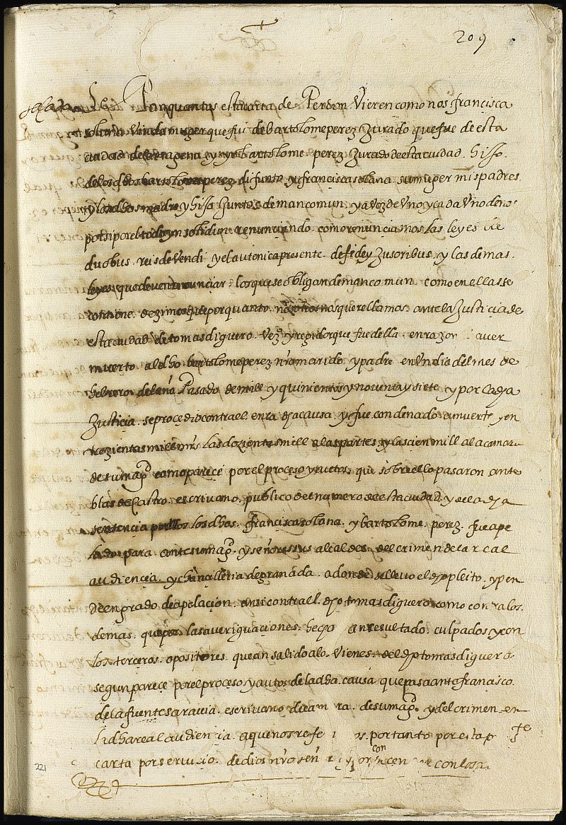 Carta de perdón de Francisca Solana y Bartolomé Pérez, su hijo, jurado de Cartagena a Tomás Diguero, por haber muerto el pasado año a Bartolomé Pérez, jurado de Cartagena, marido y padre de los otorgantes.
