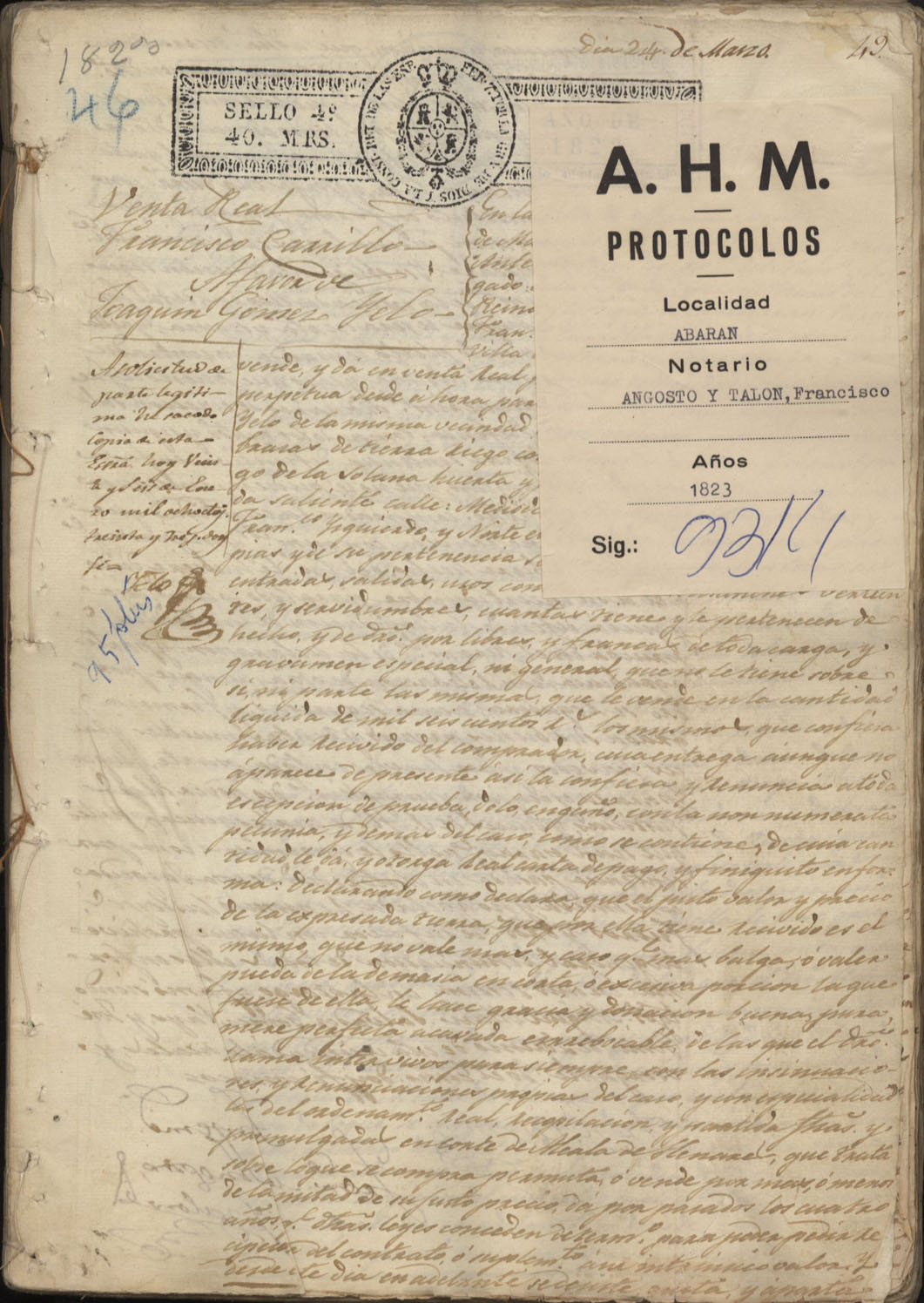 Registro de Francisco Angosto y Talón, Abarán de 1823.
