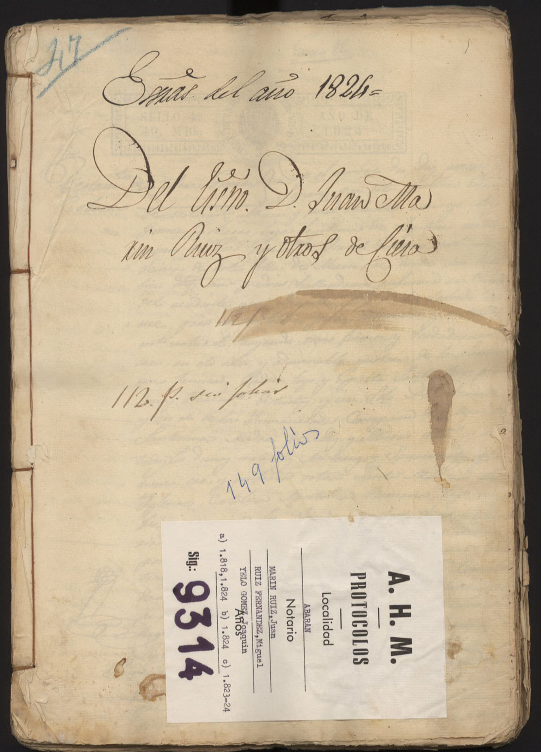 Registro de Juan Marín Ruiz, Miguel Ruiz Fernández y Joaquín Yelo Gómez, Abarán. Años 1823-1824.