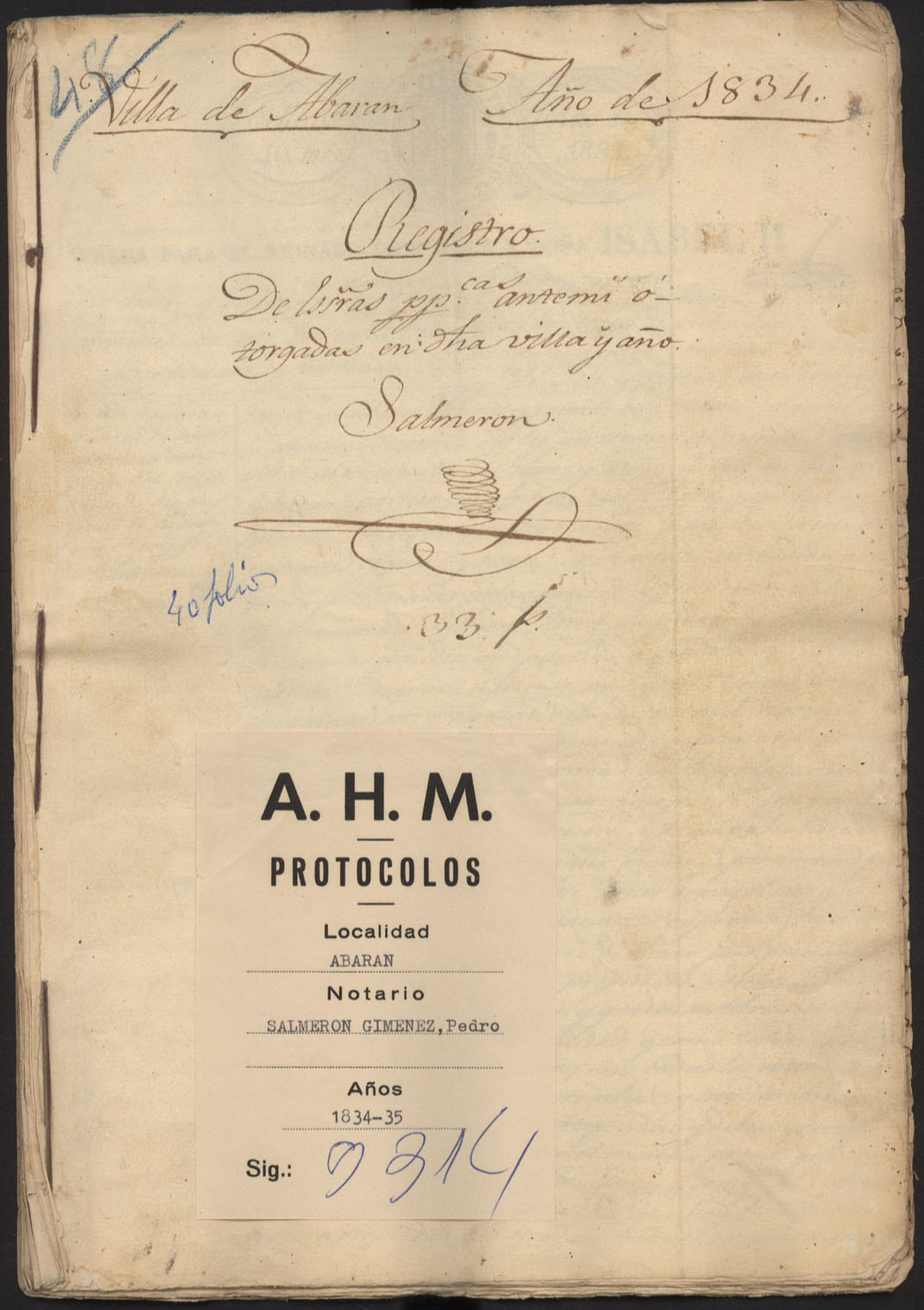 Registro de Pedro Salmerón Giménez, Abarán. Años 1834.