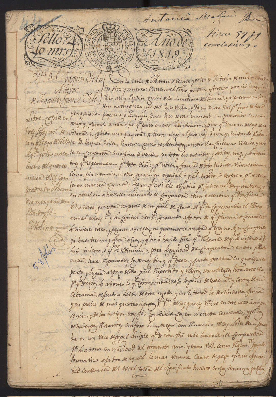 Registro de Antonio Molina Fernández, Abarán. Año 1819.