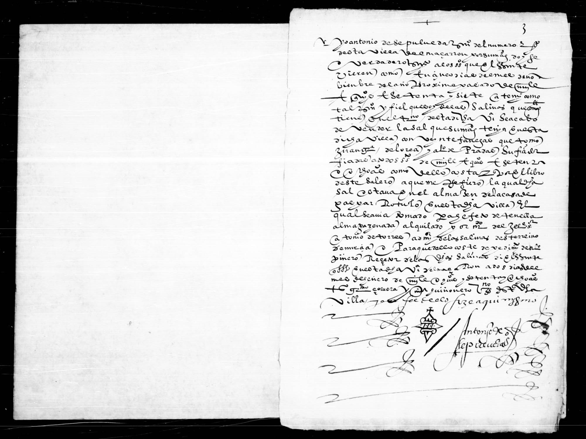 Testimonio notarial, a petición de Alonso Piñero, receptor de las salinas de Mazarrón, de cómo se acabó de vender, el día 5 de noviembre de 1577, la sal que se guardaba en el almacén de la casa de Gaspar Rotulo.