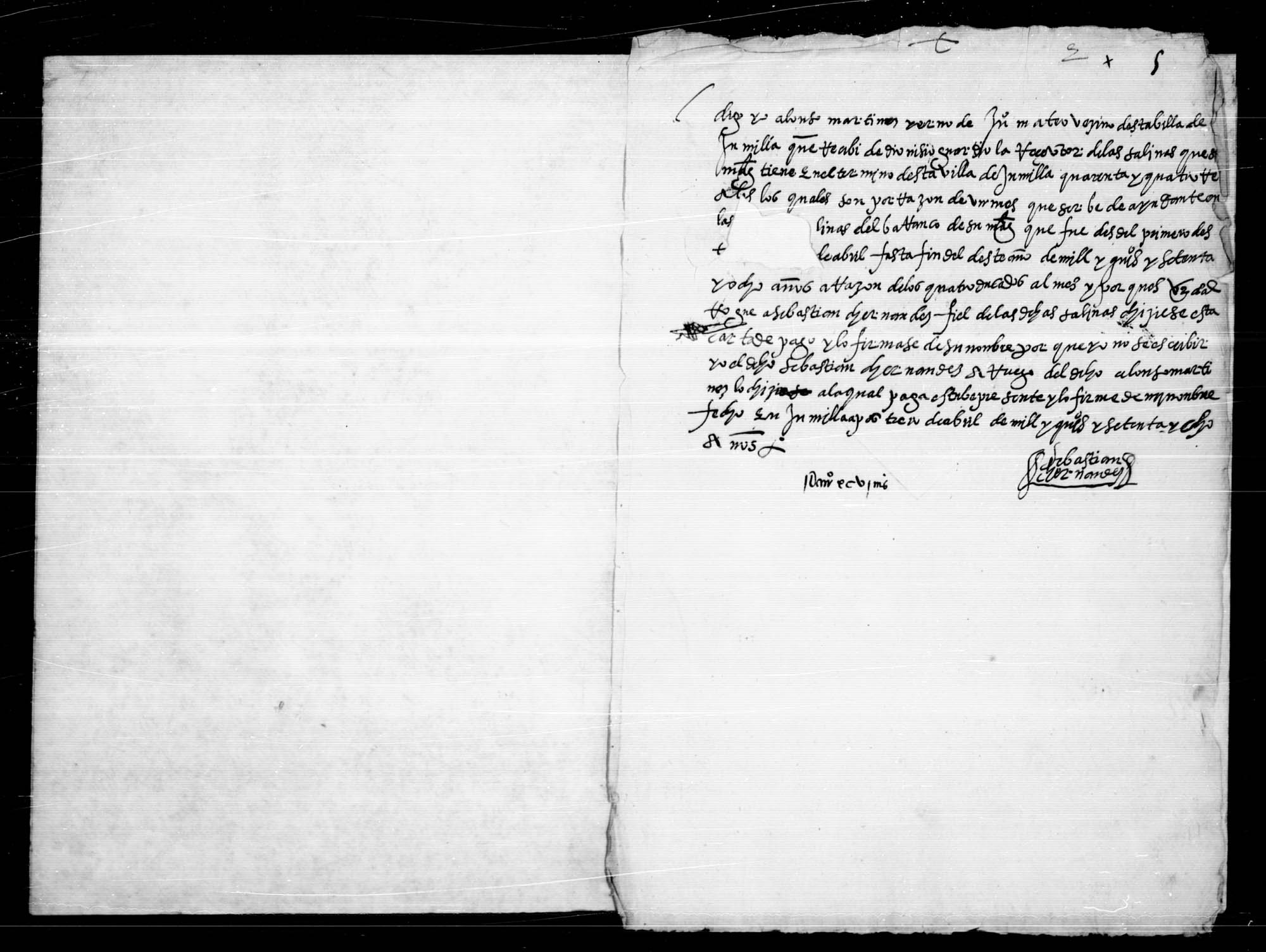 Carta de pago otorgada por Juan Mateo, vecino de Jumilla, del sueldo recibido por su trabajo como ayudante en las salinas del Barranco de esa villa.