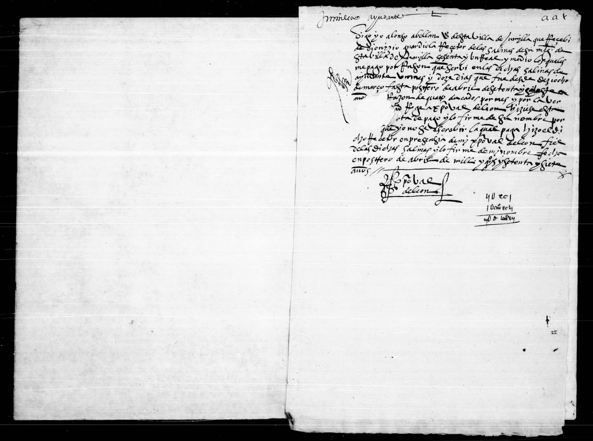Carta de pago otorgada por Alonso Avellán, vecino de Jumilla, del sueldo recibido por su trabajo como ayudante en las salinas de esa villa.