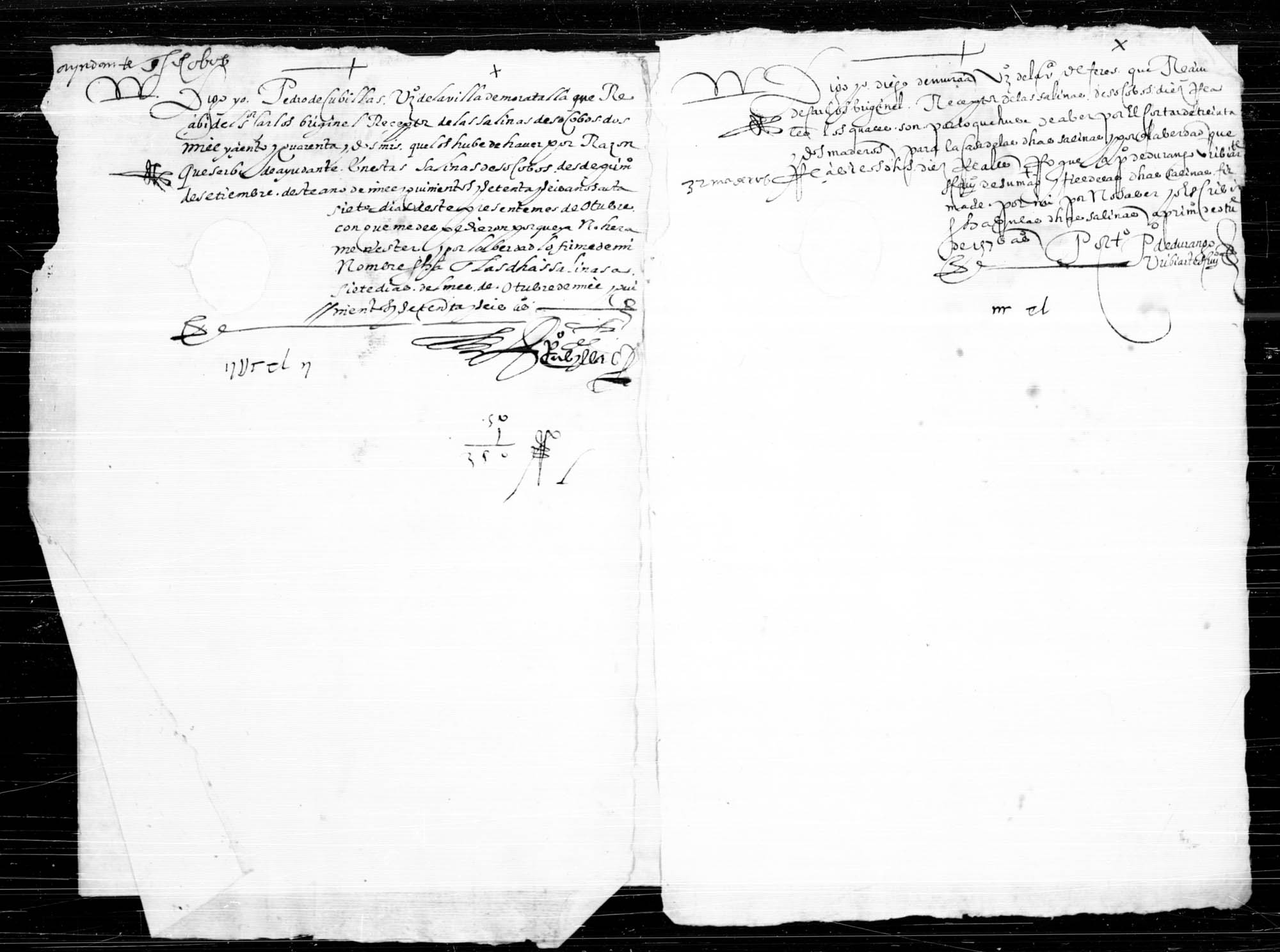 Carta de pago otorgada por Pedro de Cubillas, vecino de Moratalla, del sueldo recibido por su trabajo como ayudante en las salinas de Socovos.