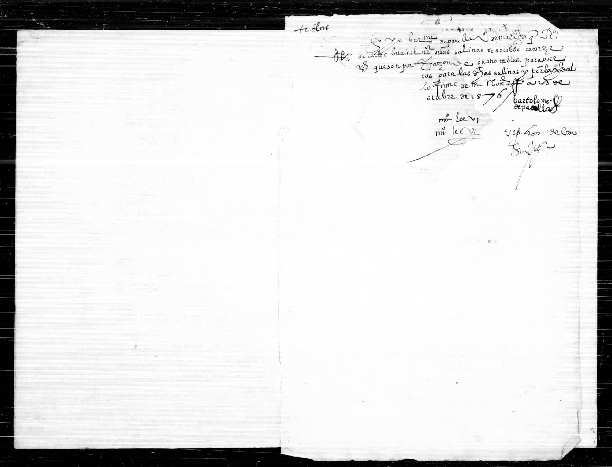 Carta de pago otorgada por Bartolomé de Padilla, vecino de Málaga, de cierta cantidad recibida por cuatro tablas para puertas de las salinas de Socovos.