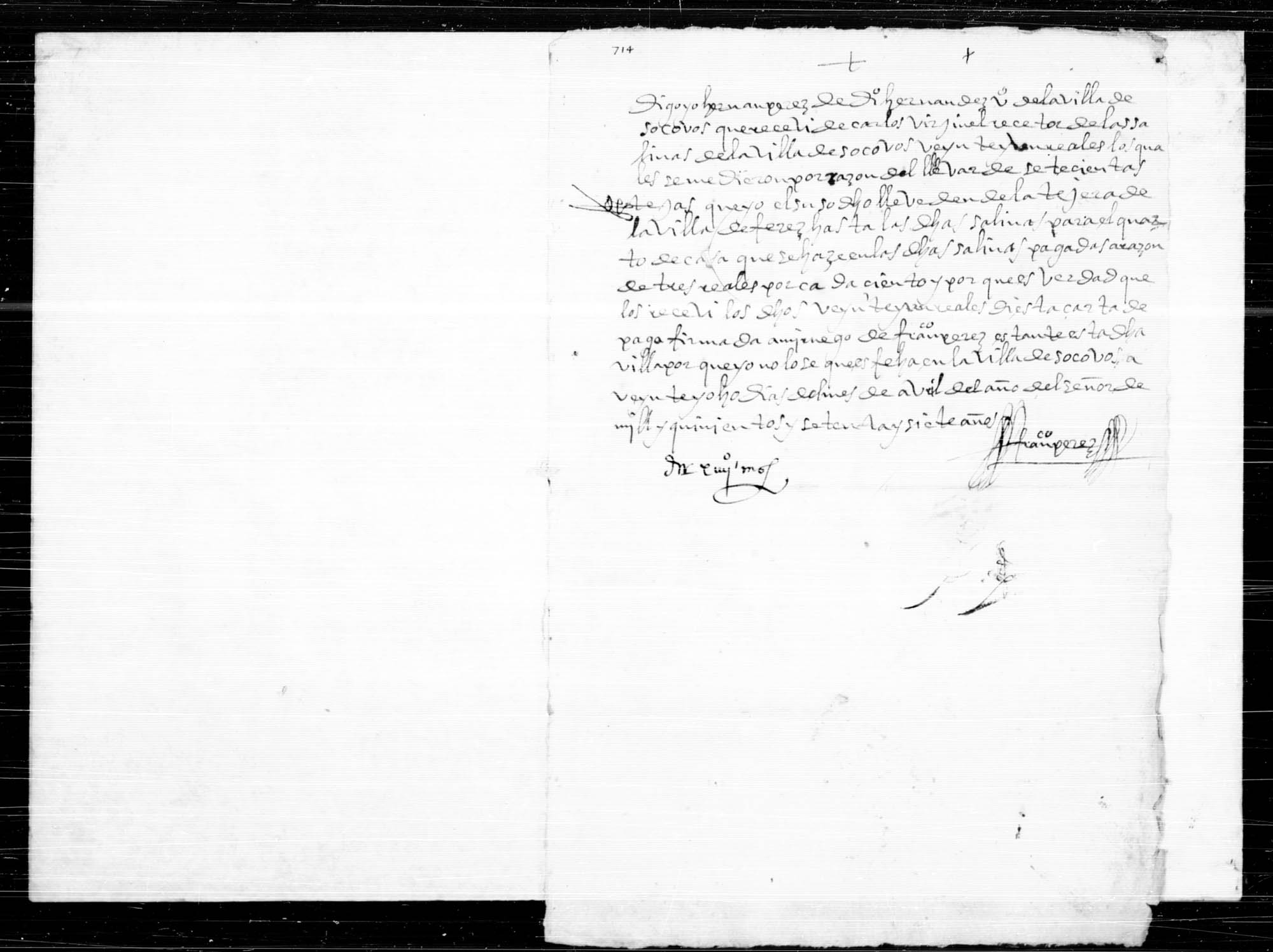 Carta de pago otorgada por Hernán Pérez de Diego Hernández, vecino de Socovos, por el transporte de 700 tejas desde la tejera de la villa de Férez a las salinas de Socovos.