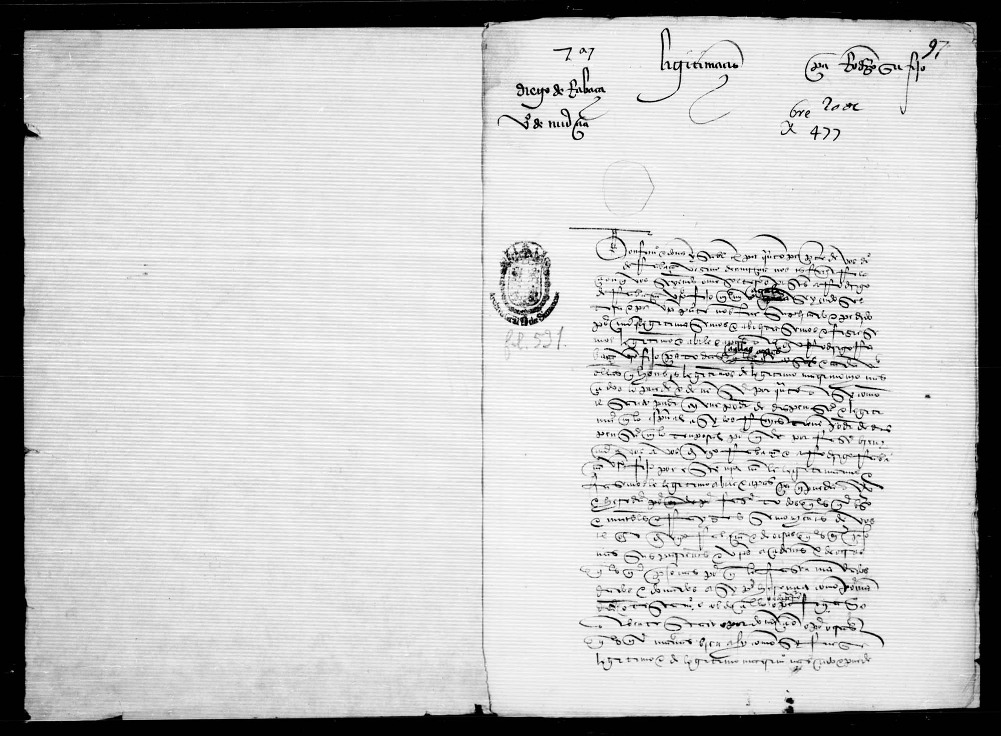 Legitimación de Rodrigo de Rabaza hecha a petición de su padre Diego de Rabaza, vecino de Murcia, el cual lo tuvo siendo soltero,  con María Zagala, mujer soltera.