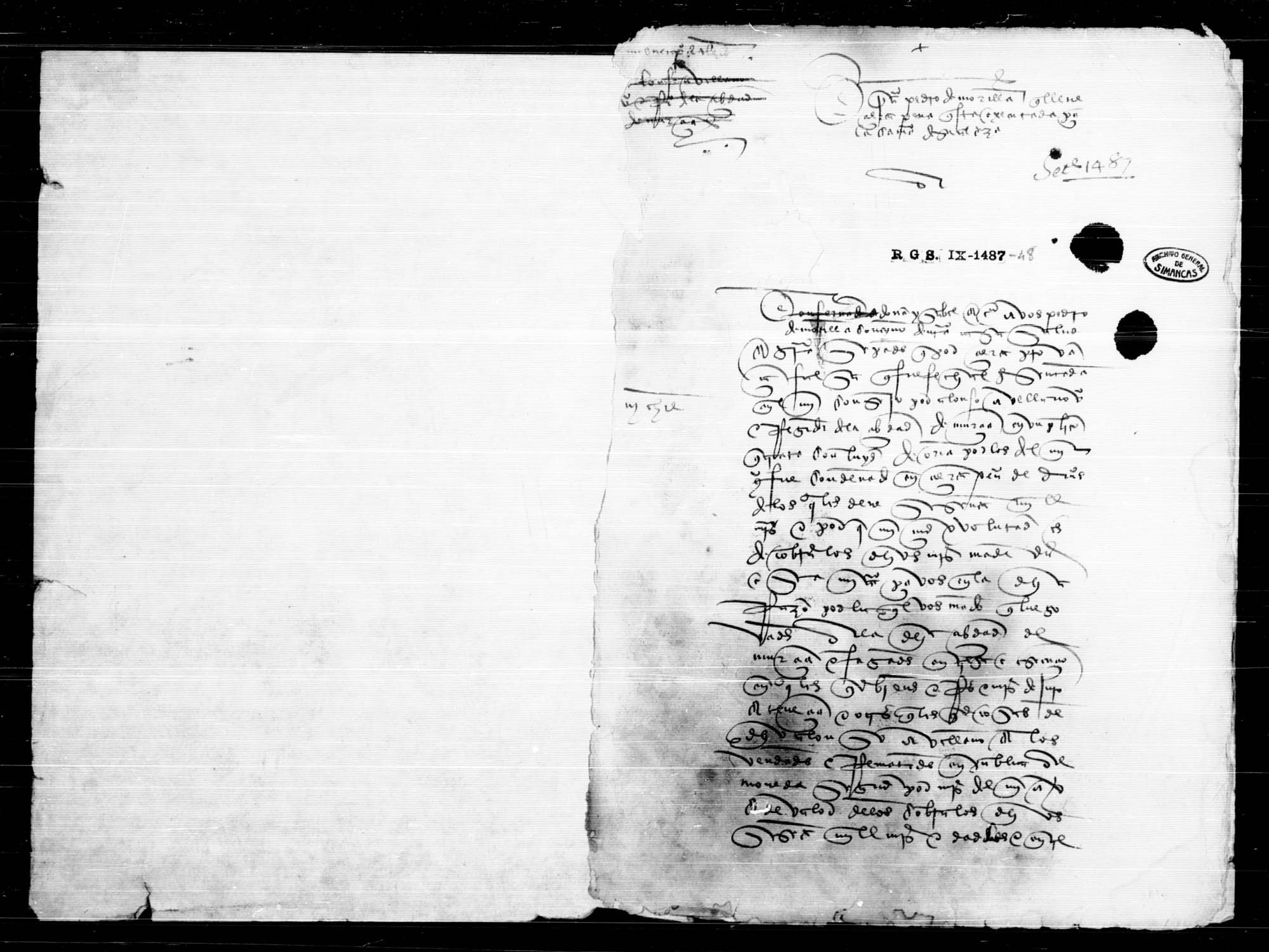 Carta para que Pedro de Morilla, contino, entregue a Pedro de Toledo, limosnero real, el importe de la condena impuesta a Luis Doria, en el pleito que trató con Alonso Abellán (1), vecino y regidor de la ciudad de Murcia. Reina
(1) Avellano en el texto.