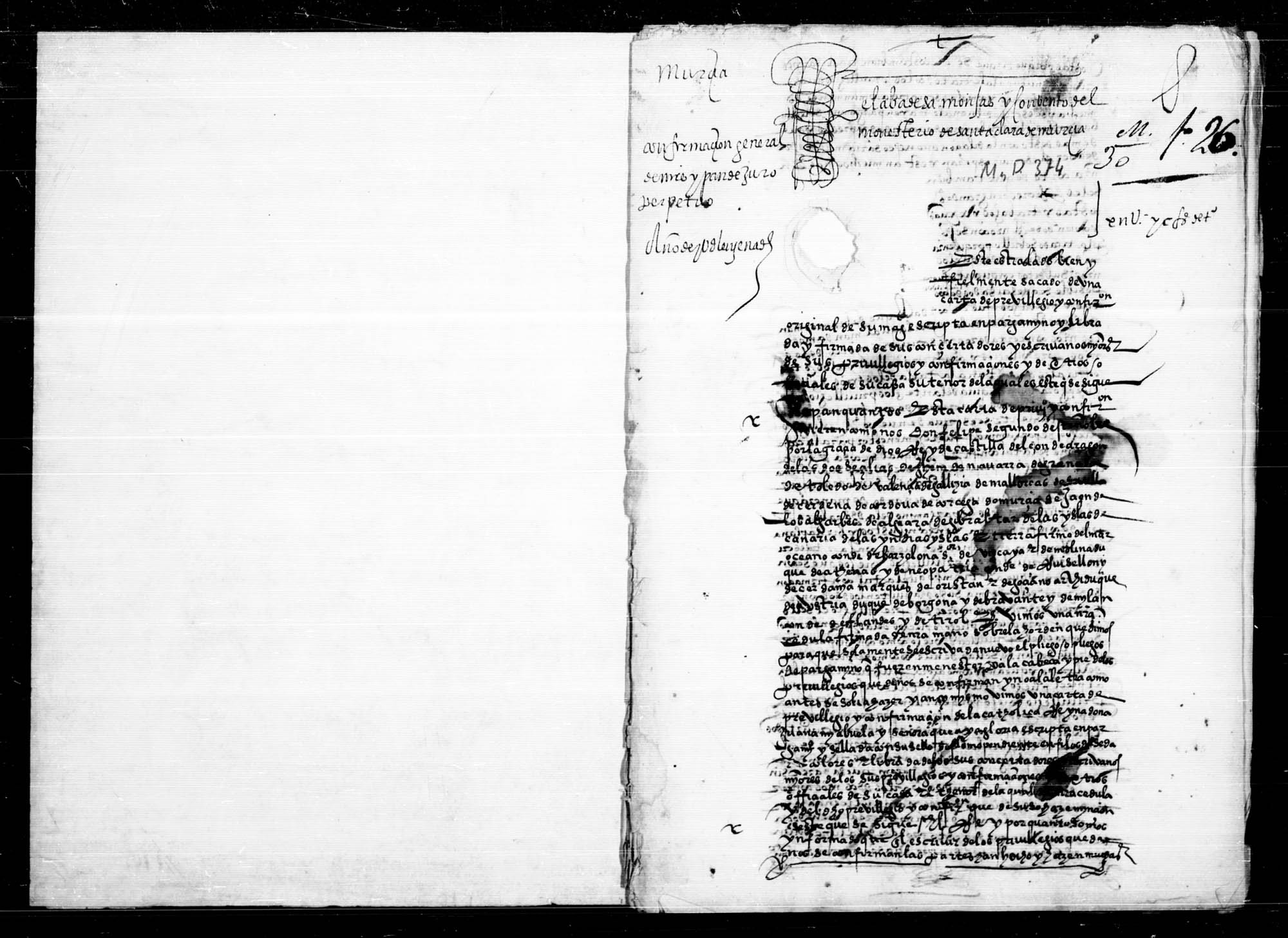 Carta de confirmación de Felipe II al Convento de Santa Clara de Murcia, de ciertos privilegios y juros que posee.