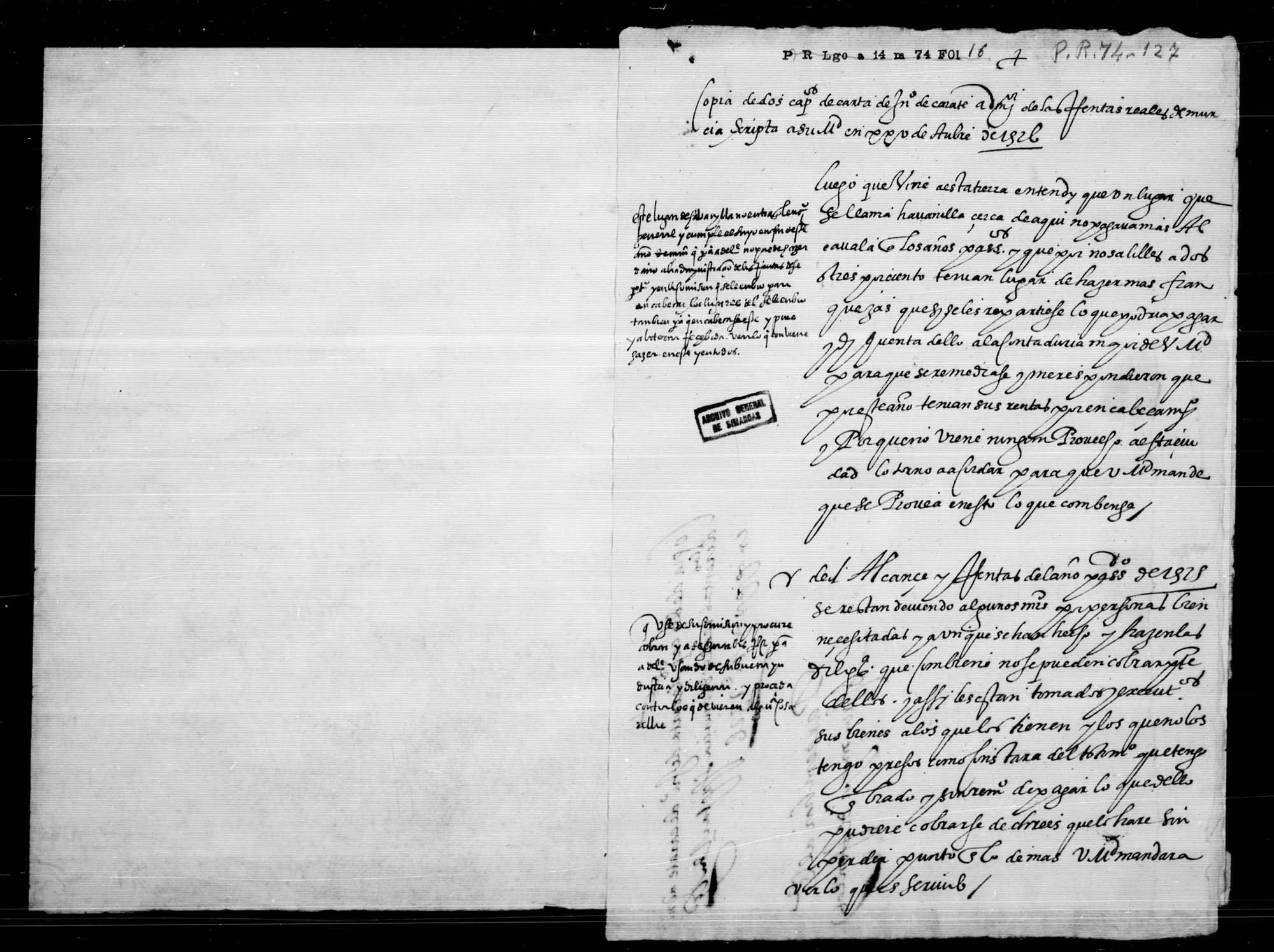 Copia de dos capítulos de carta del administrador Juan de Zárate a Su Majestad, escrita el 25-IV-1576, relativas a alcabalas de Abanilla y alcance de rentas de 1575. 