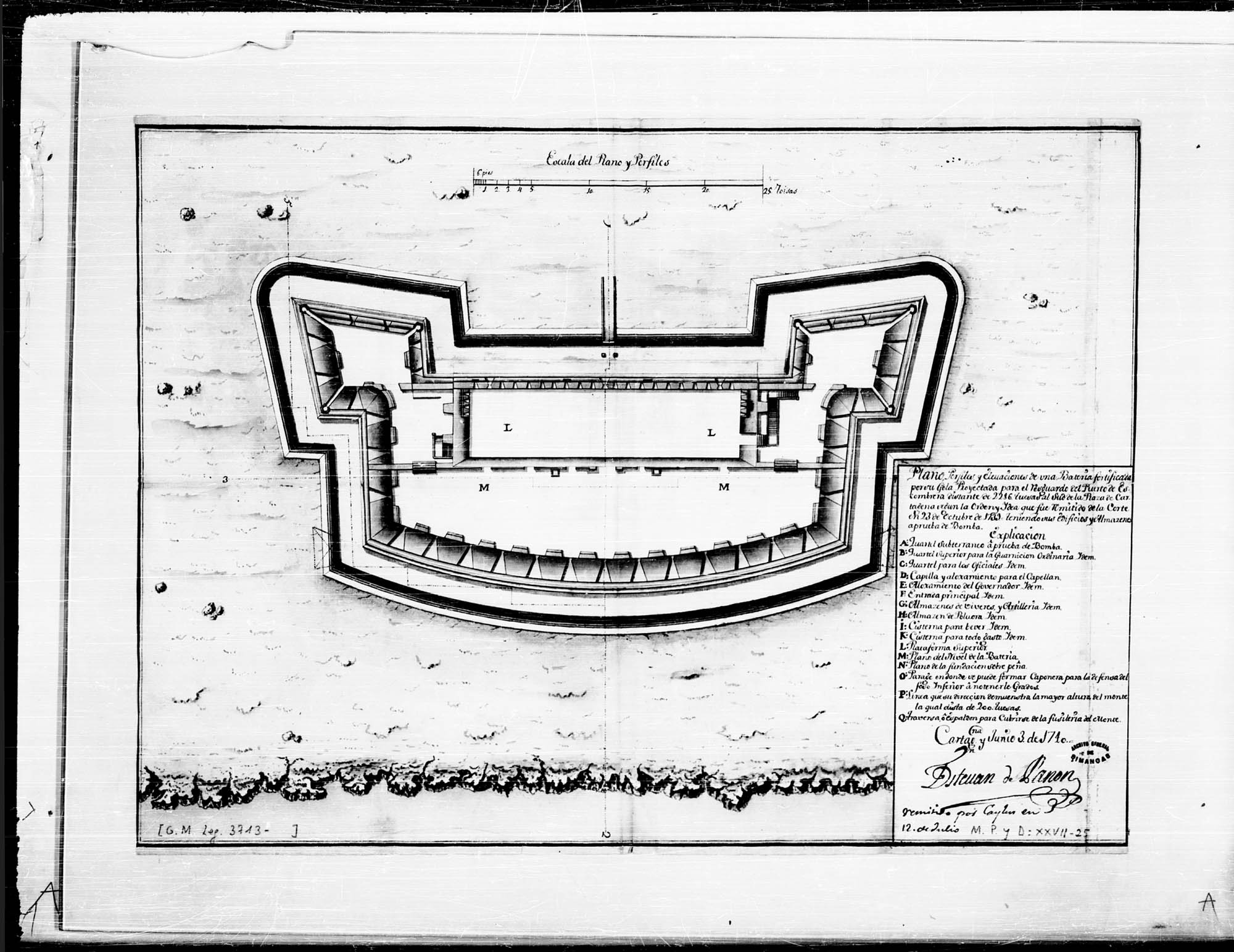 Plano, perfiles y elevaciones de una batería fortificada por su gola para resguardo del puerto de Escombreras.