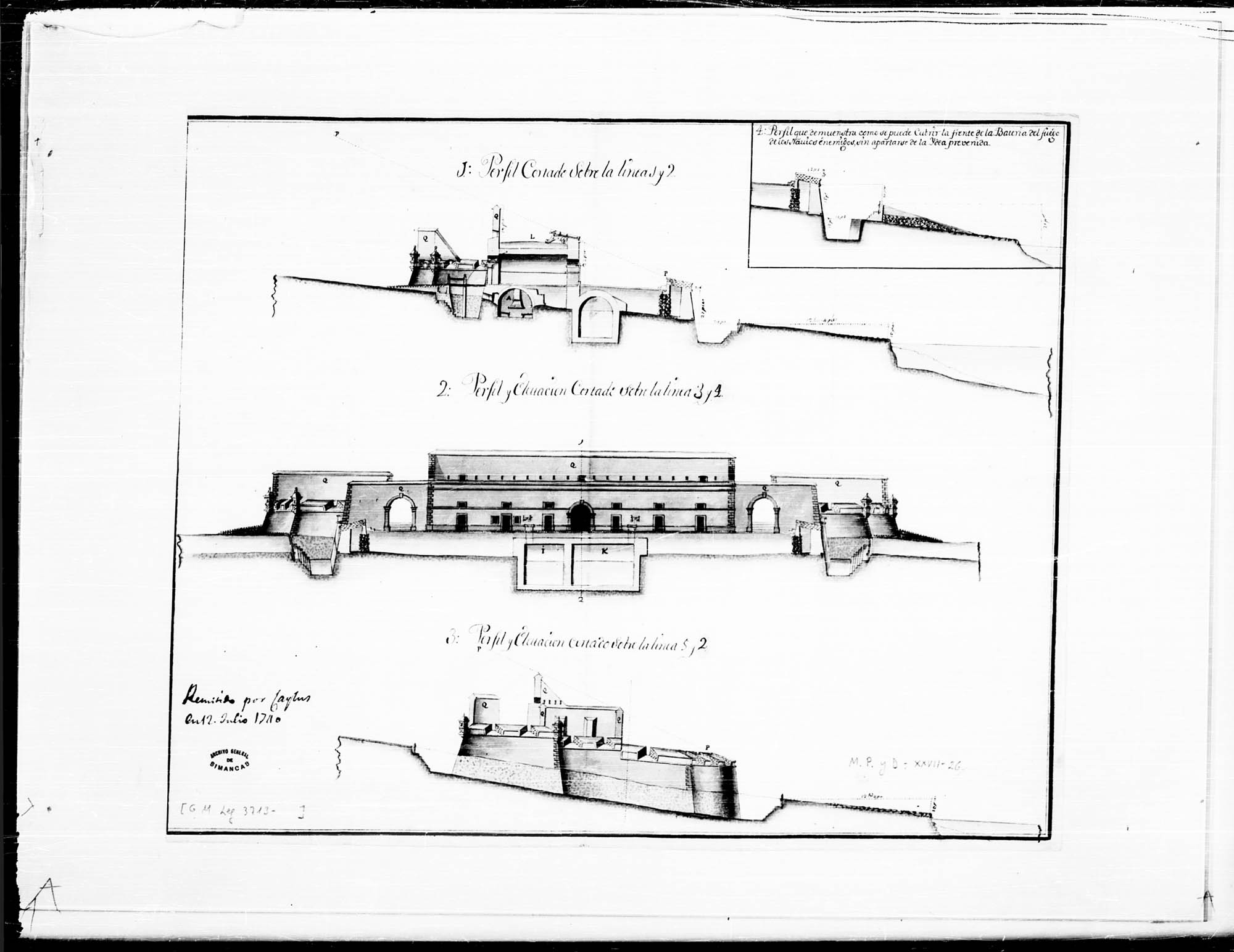Perfil cortado sobre la línea 1 y 2 y perfiles y elevaciones sobre las líneas 3 y 4; 5 y 2 del plano de una batería fortificada para la defensa del puerto de Escombreras. Por Panón.