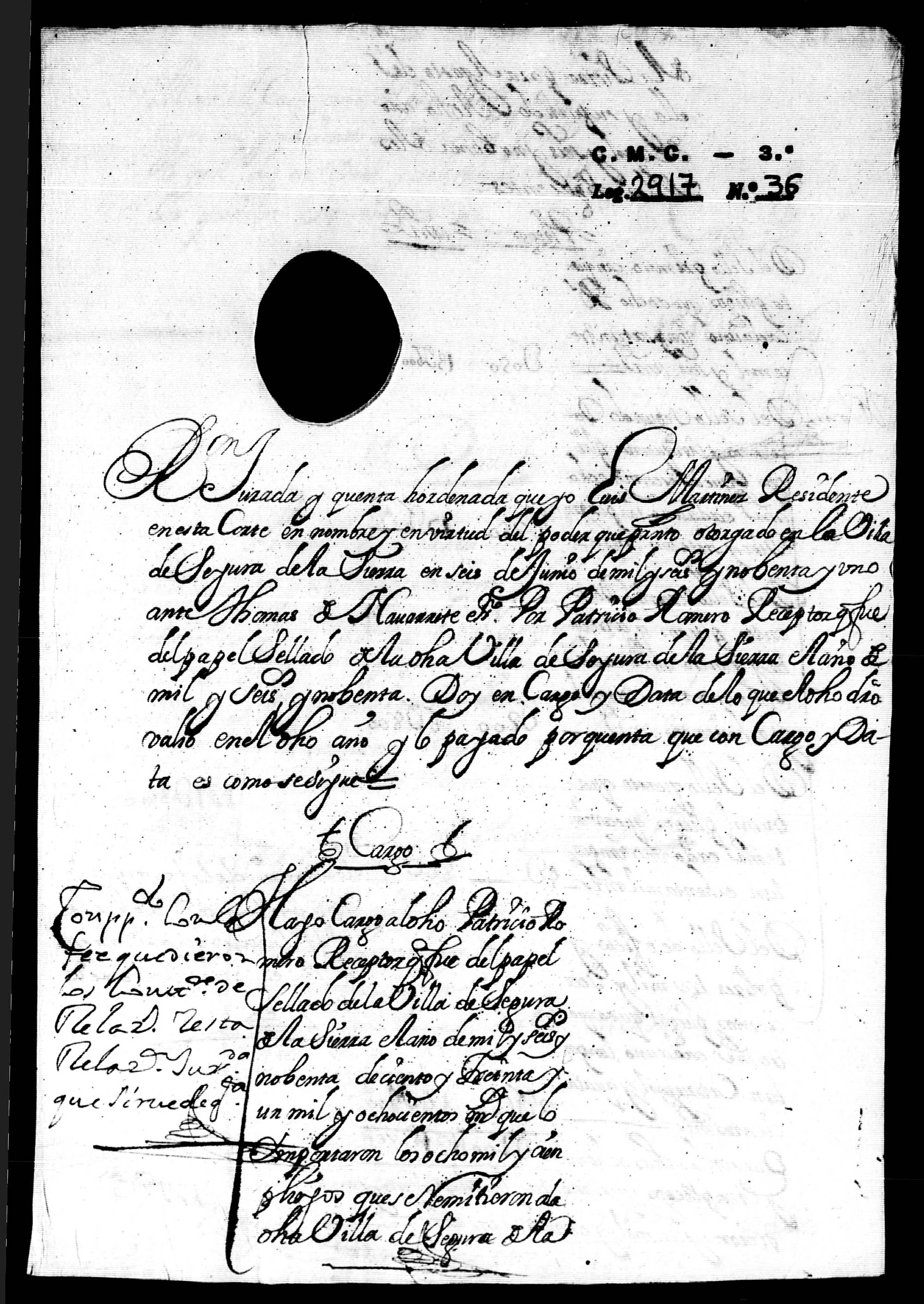 Relación de cuentas del papel sellado de Segura de la Sierra y su partido, de la que fue receptor Patricio Romero.