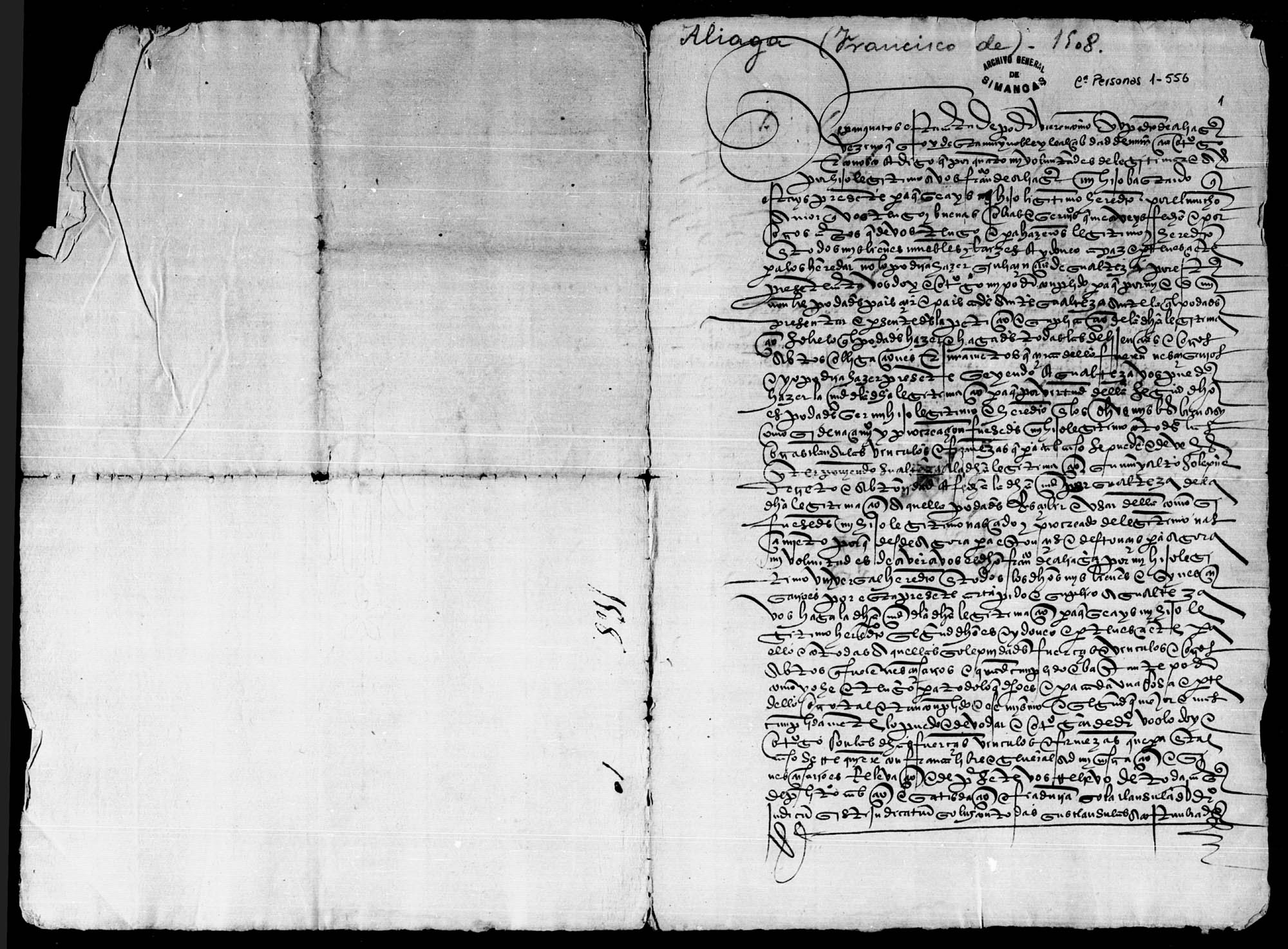 Carta de poder dada por Pedro de Aliaga, vecino de Murcia, a su hijo bastardo Francisco de Aliaga para que presente ante el Rey la petición de reconocimiento de éste como su hijo legítimo y heredero.