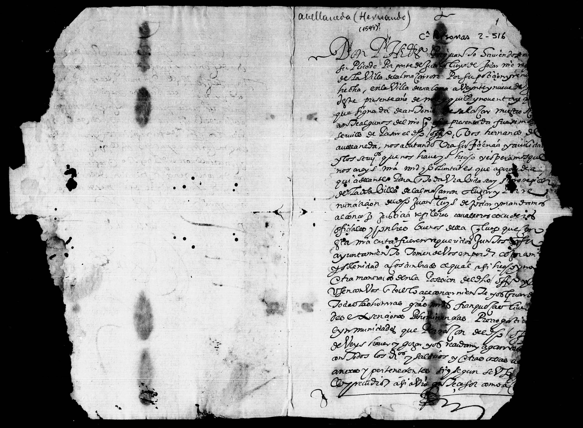 Carta de súplica de Hernando de Avellaneda solicitando al rey le despache otro título de regidor de la villa de Mazarrón por la pérdida del anterior.