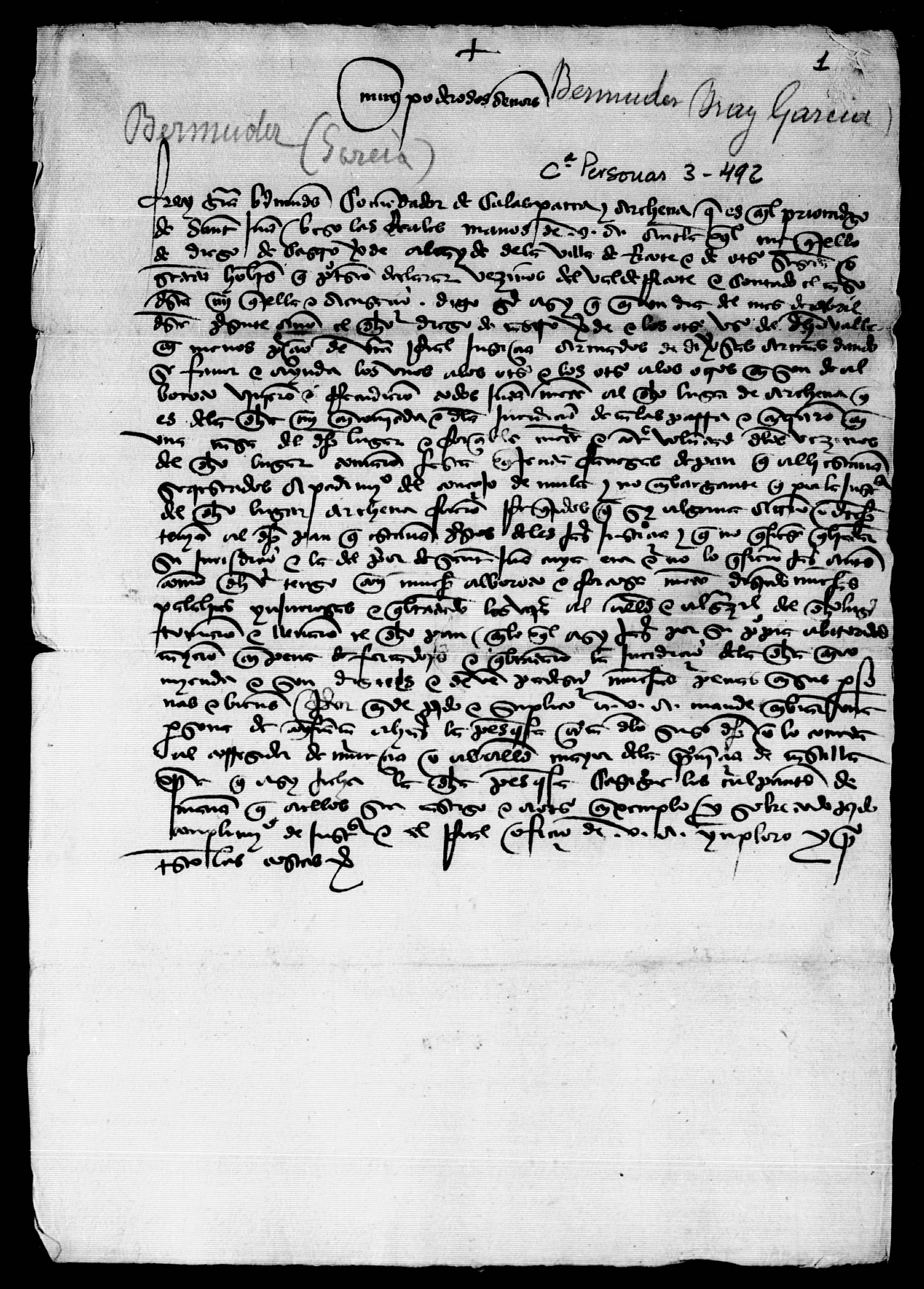 Carta de petición de Frey García Bermúdez, comendador de Calasparra y Archena, solicitando al rey el envío de un pesquisidor para averiguar el robo de cuarenta fanegas de pan pertenecientes al Concejo de Mula y depositadas en una casa de Archena.
