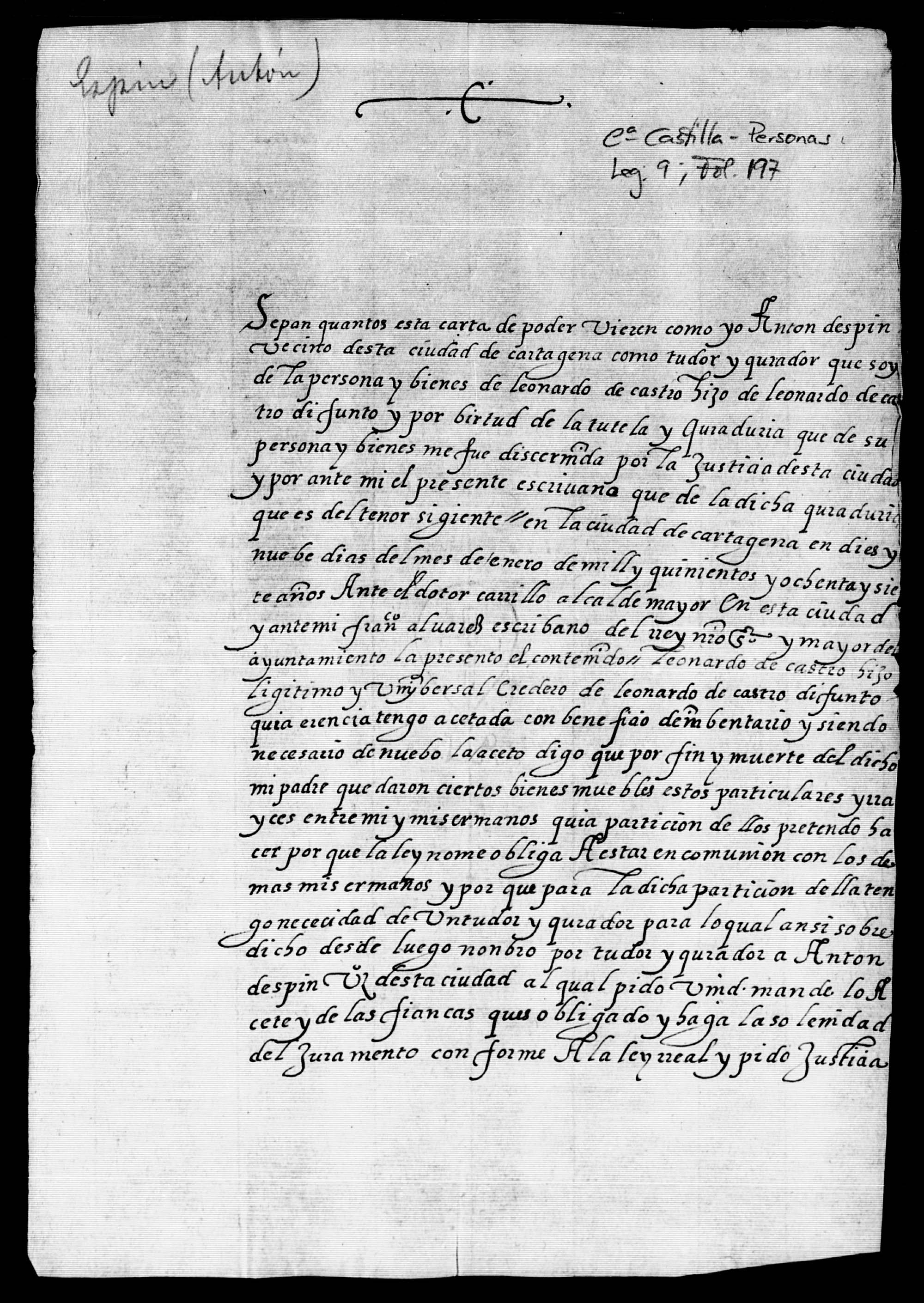 Carta de poder dada por Leonardo de Castro a Antón Espina, vecino de Cartagena, por la que le nombra como su tutor y curador para que resuelva la partición de la herencia de su difunto padre con sus hermanos.