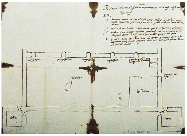 Plano de diseño de las obras a realizar en el primer patio de la Casa del Rey en Cartagena.