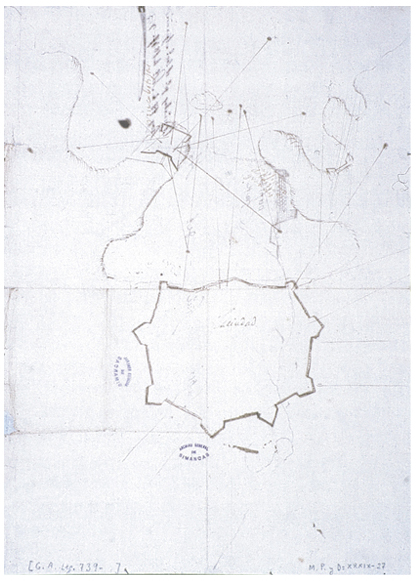 Plano del diseño del fuerte de Trincabotijas y del recinto amurallado de la ciudad de Cartagena.