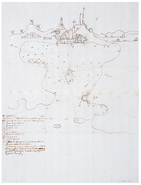 Plano del puerto de Cartagena con sus medidas y distancias, que incluye el proyecto de un fortín en Trincabotijas.