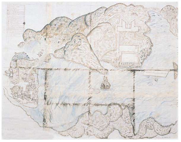 Plano del fuerte de Trincabotijas, con un diseño de la ciudad y puerto de Cartagena.