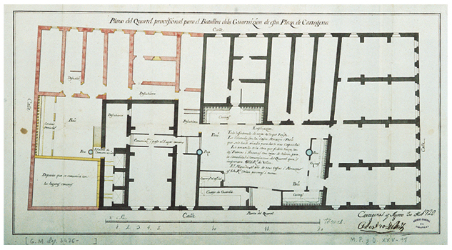 Plano del cuartel provisional para el batallón de la guarnición de esta plaza de Cartagena.