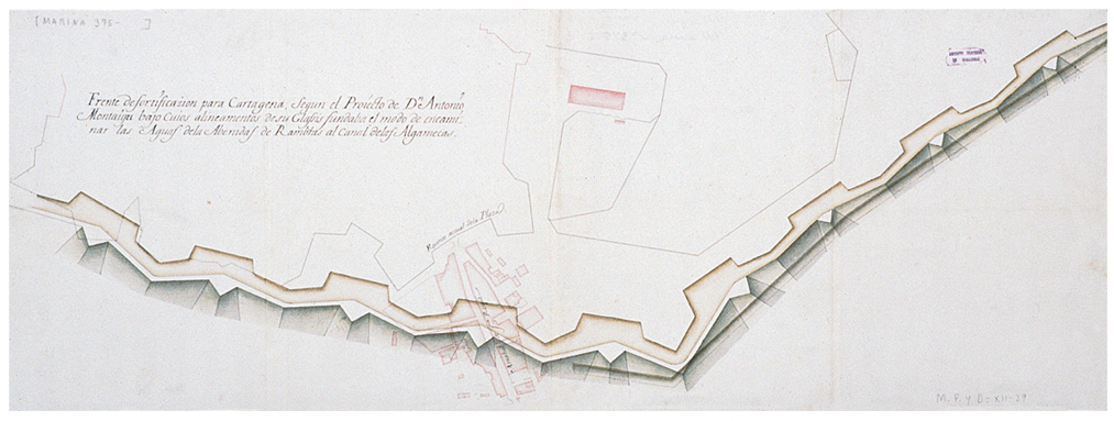 Plano del frente de fortificación para Cartagena, según el proyecto de Antonio Montaigu, bajo cuyos alineamientos de su glacis fundaba el modo de encaminar las aguas de las avenidas de ramblas al canal de las Algamecas.