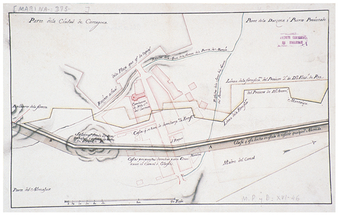 Plano de parte de la ciudad de Cartagena con indicación de los proyectos de fortificación de Antonio Montaigu y Alejandro de Rez.