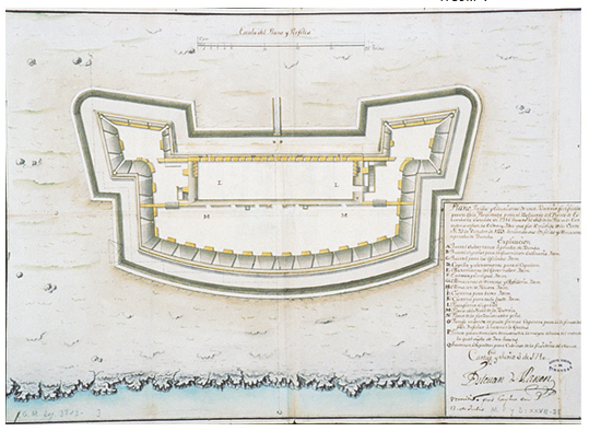 Plano, perfiles y elevaciones de una batería fortificada por su gola, proyectada para el resguardo del puerto de Escombreras, según la orden e idea que fue remitido de la Corte en 23 de octubre de 1739.