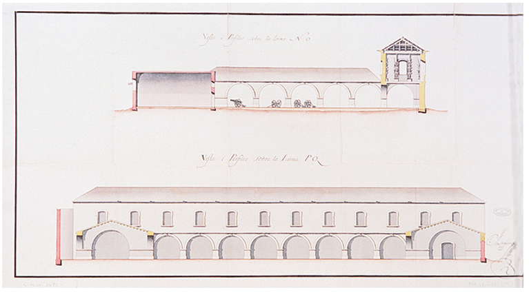 Vistas y perfiles de la sala de armas que se proyecta en la Casa del Rey para los efectos de artillería de la Plaza de Cartagena.