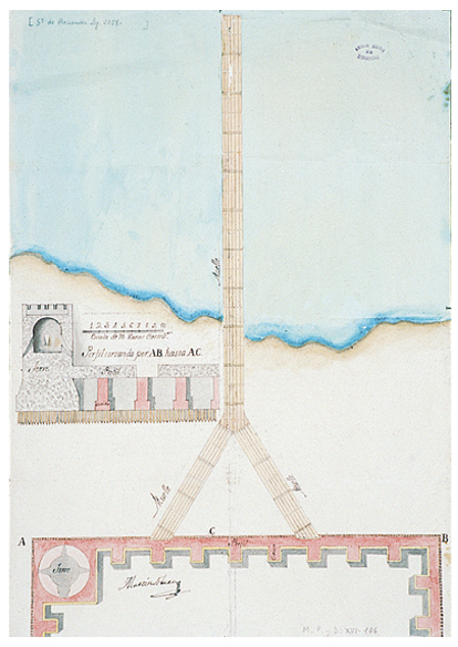 Plano y perfil del recinto fortificado y del muelle de la salina del Pinatar.