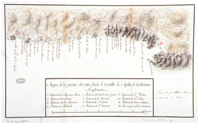 Mapa de la porción de costa desde el castillo de Águilas a Cartagena, con una relación de torres defensivas a construir.