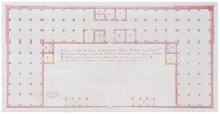 Plano del cuartel de los Antiguones en el que se señalan las espacios para la construcción de varios calabozos.
