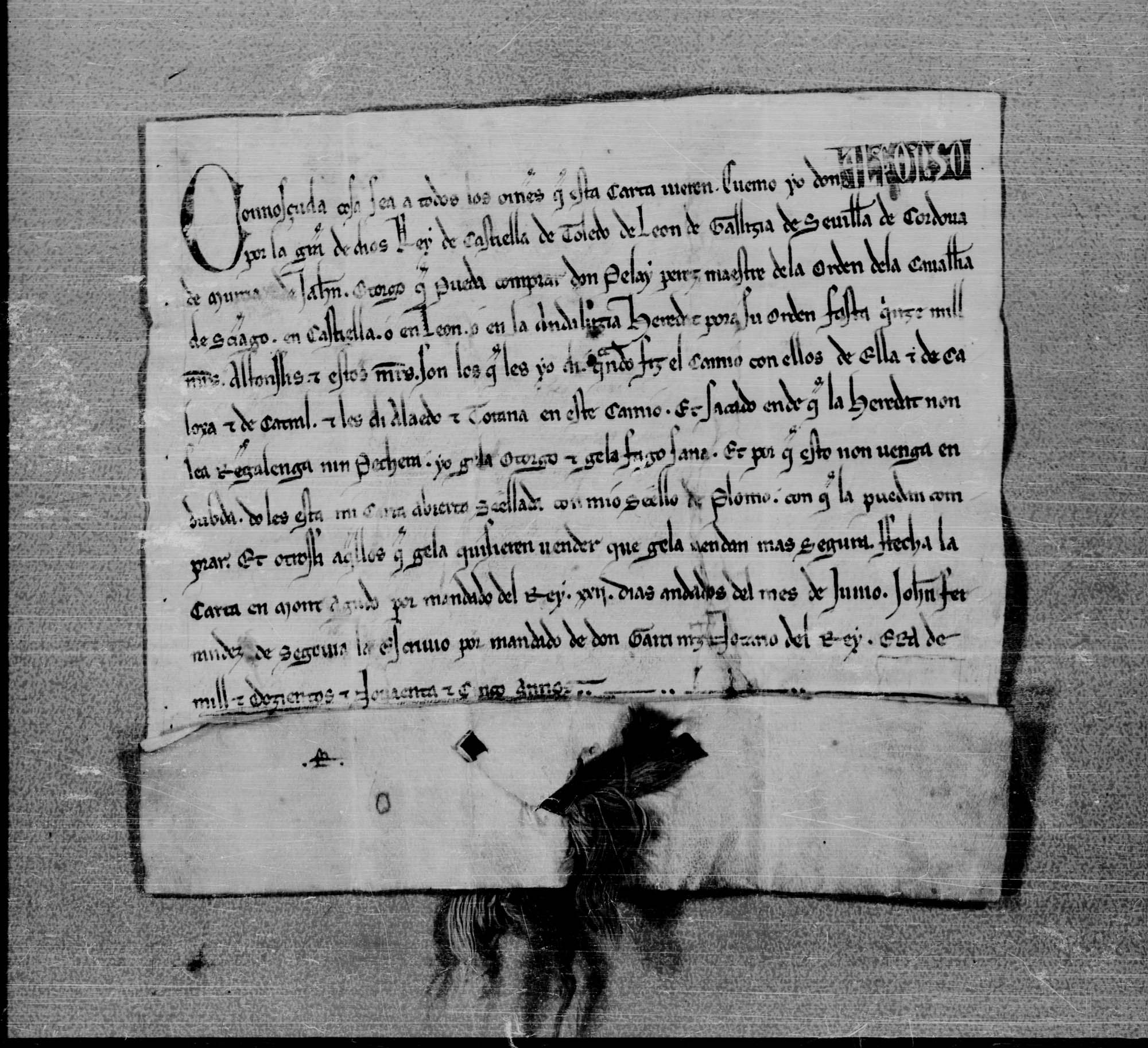 Carta real de Alfonso X otorgando a Pelay Pérez, maestre de la Orden de la caballería de Santiago, que pueda comprar una heredad en Castilla, León o Andalucía con los 15.000 maravedíes alfonsíes que le dio Alfonso X en el trueque de Caloxa y Catral con Aledo y Totana.