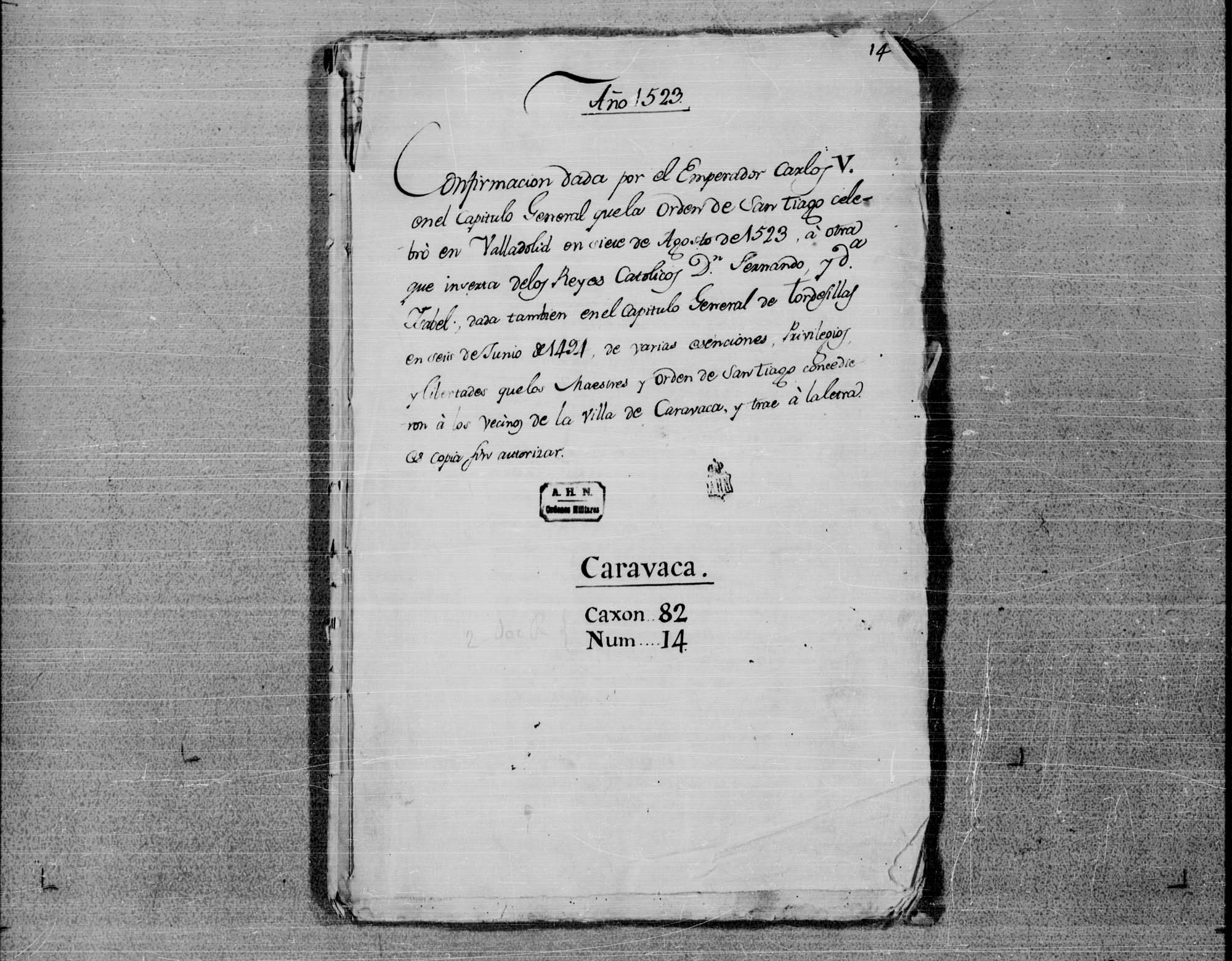 Carta de confirmación de privilegios de la villa de Caravaca por Carlos V.