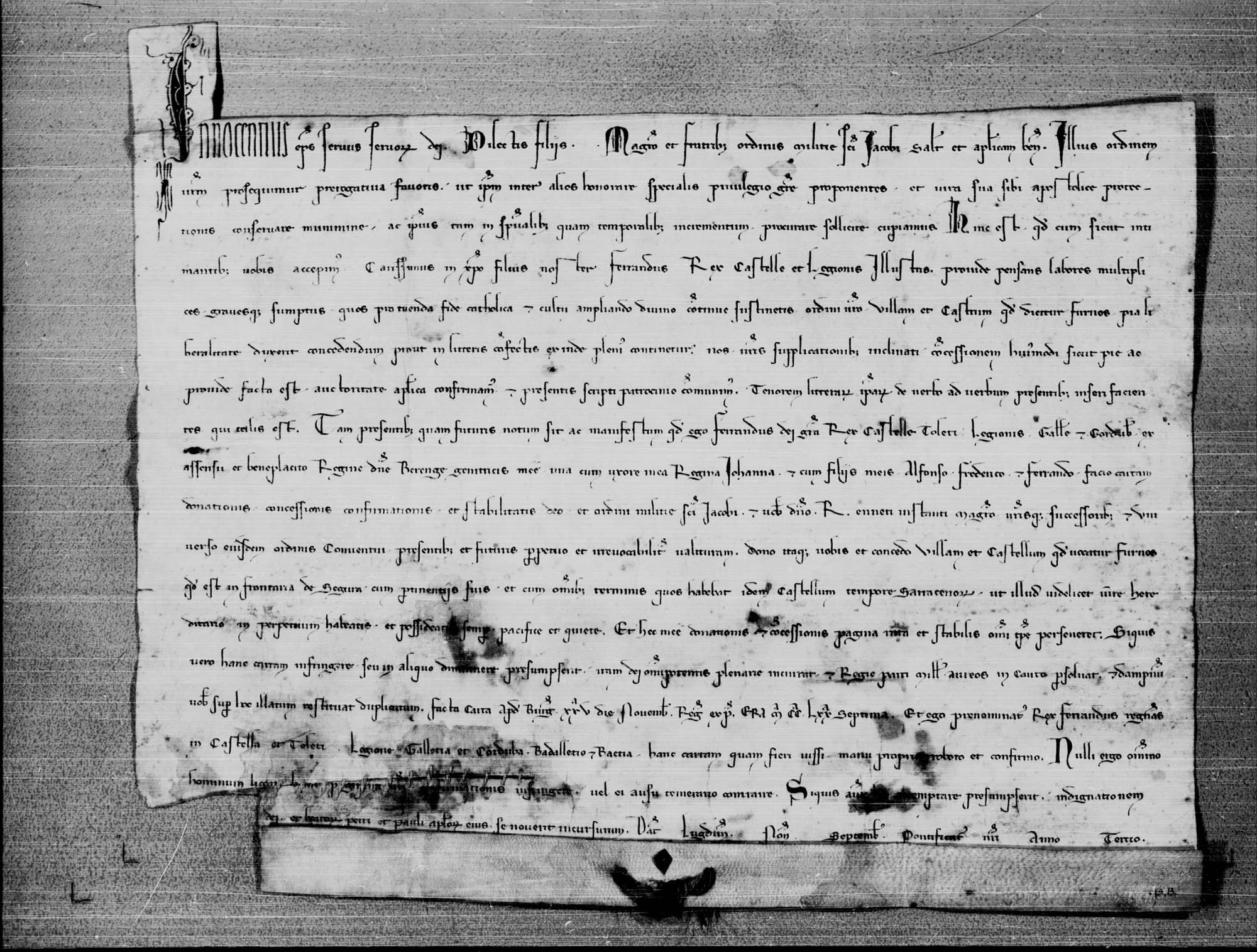 Breve de Inocencio IV confirmando la concesión hecha en 1232 por Fernando III a la Orden de Santiago de la villa de Hornos, su castillo y su término.