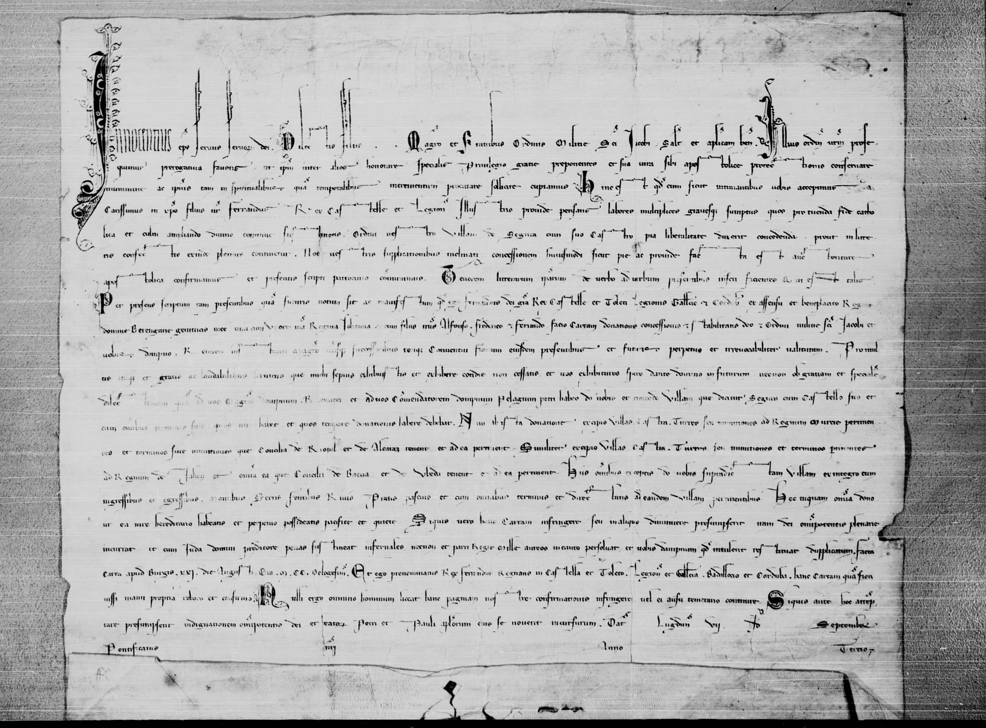 Bula del papa Inocencio IV confirmando el privilegio dado por el rey Fernando III a la Orden de Santiago y en el que le concede la villa de Segura de la Sierra y su término que tiene o pueda tener.