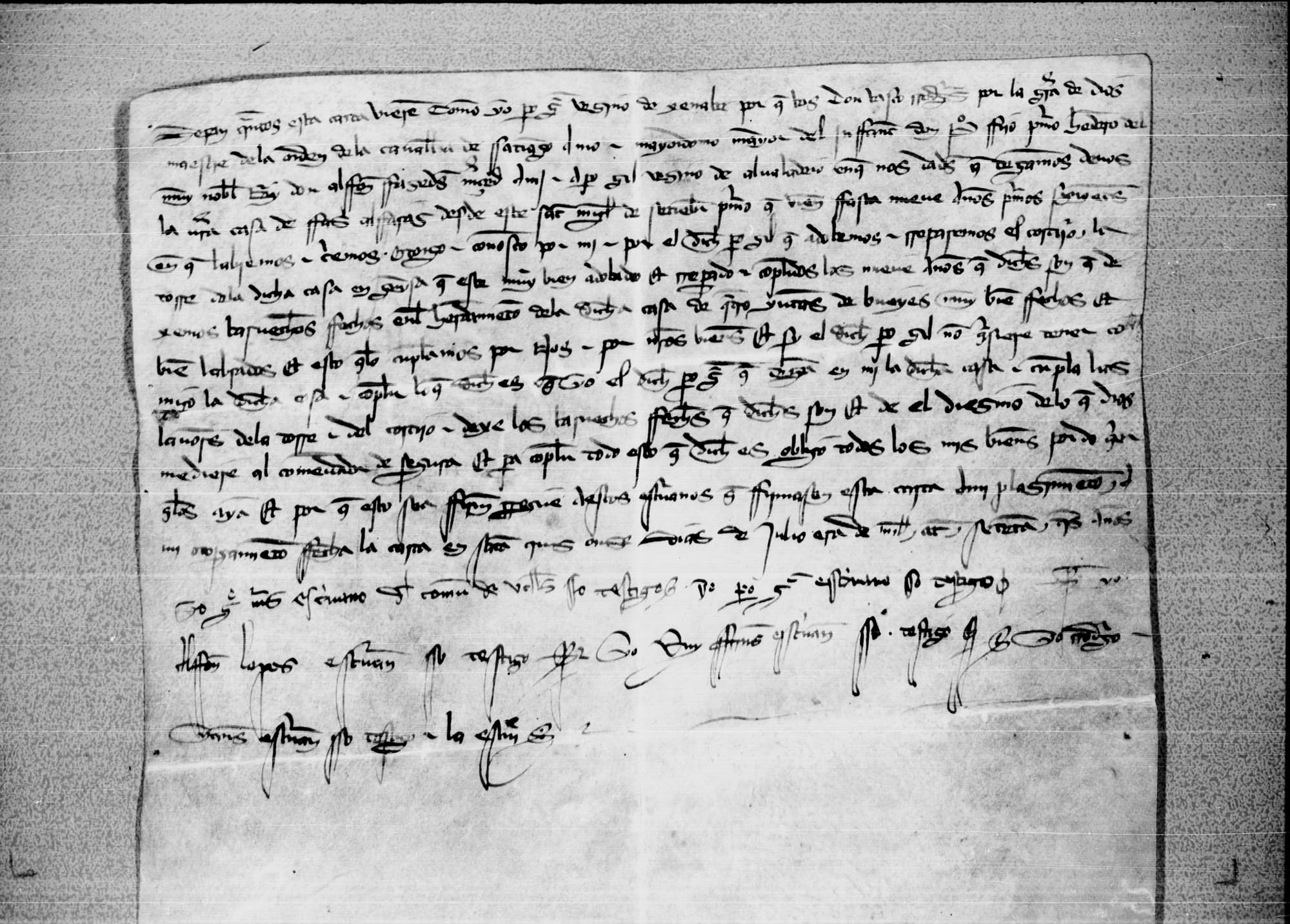 Carta de Pedro Gómez, vecino de Génave, a B. Rodríguez, maestre de la orden de la caballería de Santiago, sobre la concesión de una casa a Pedro Gil, vecino de Albaladejo, de una casa.