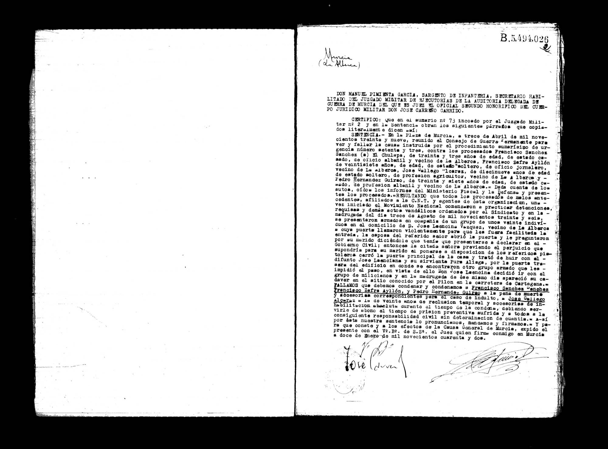 Certificado de la sentencia pronunciada contra Francisco Sánchez Sánchez, Francisco Zafra Ayllón, José Gallego Alcaraz y Pedro Hernández Guirao, causa 73, el 13 de abril de 1939.