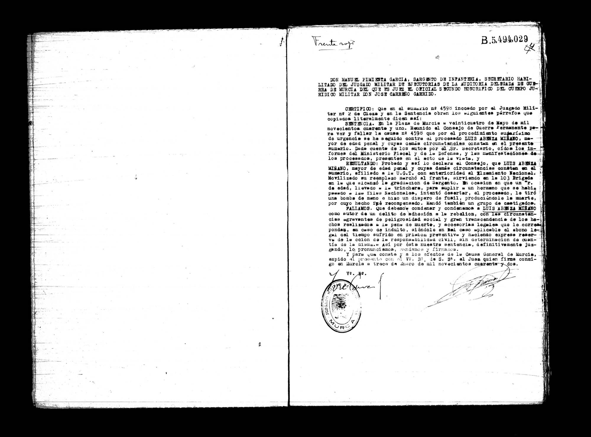Certificado de la sentencia pronunciada contra Luis Abenza Miñano, causa 4598, el 24 de mayo de 1941.