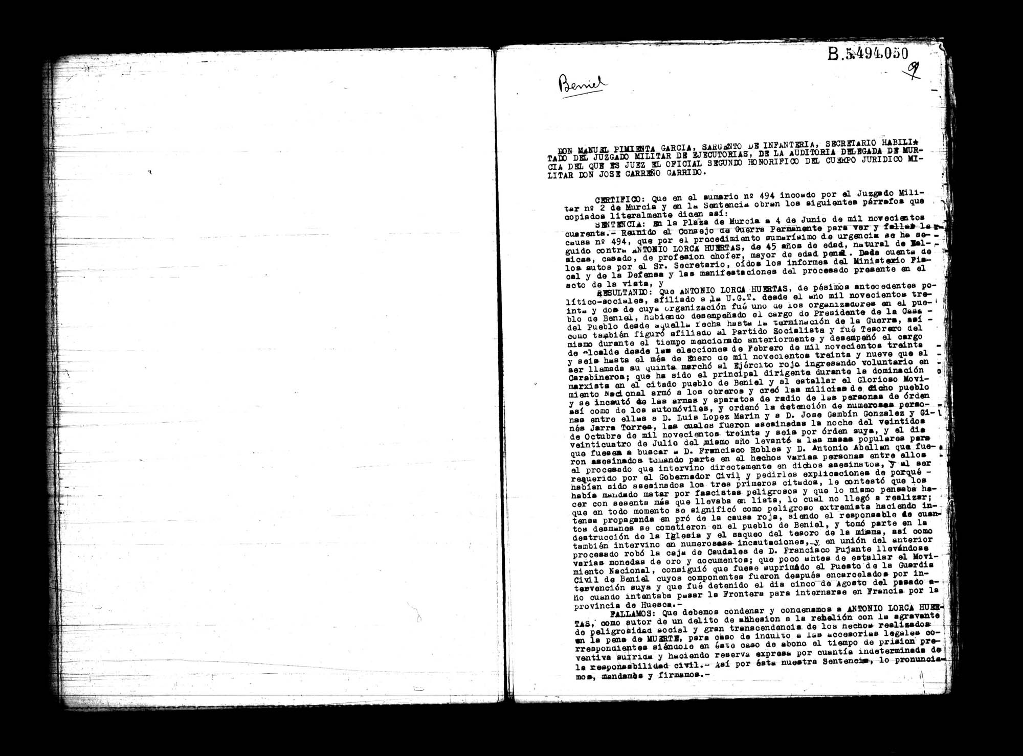 Certificado de la sentencia pronunciada contra Antonio Lorca Huertas, causa  494, el 4 de junio de 1940 en Murcia.