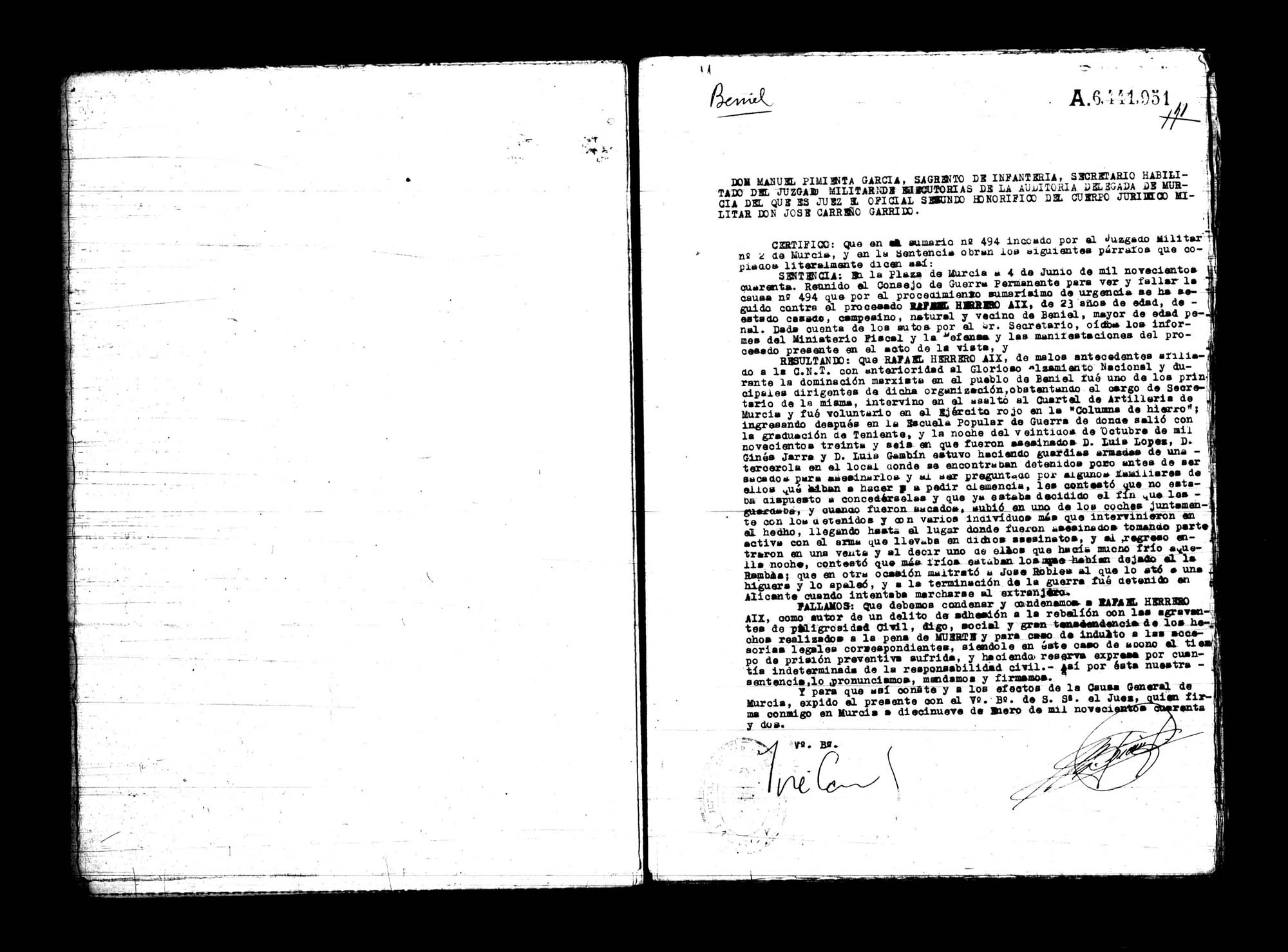 Certificado de la sentencia pronunciada contra Rafael Herrero Aix, causa 494, el 4 de junio de 1940 en Murcia.