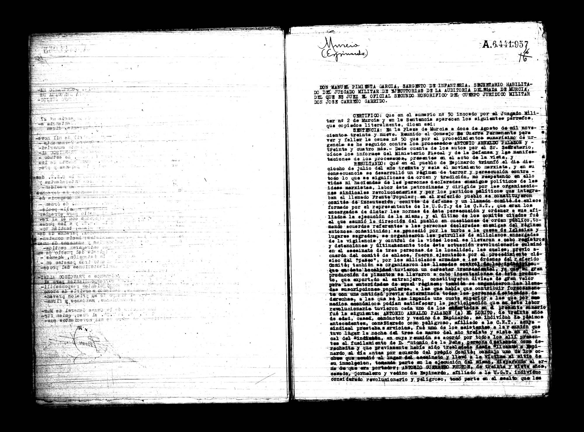Certificado de la sentencia pronunciada contra Antonio Arnaldo Palazón y otros reos más, causa 50, el 12 de agosto de 1939 en Murcia.