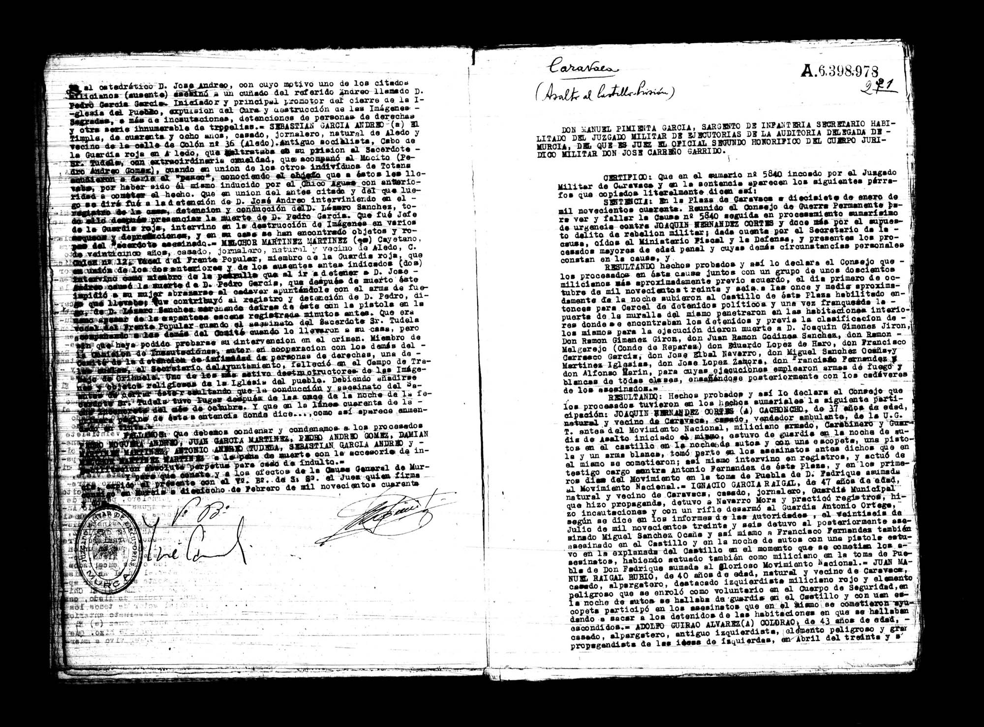 Certificado de la sentencia pronunciada contra Pedro Noguera Andreo, y otros reos más, causa  294, el 14 de julio de 1939 en Totana.