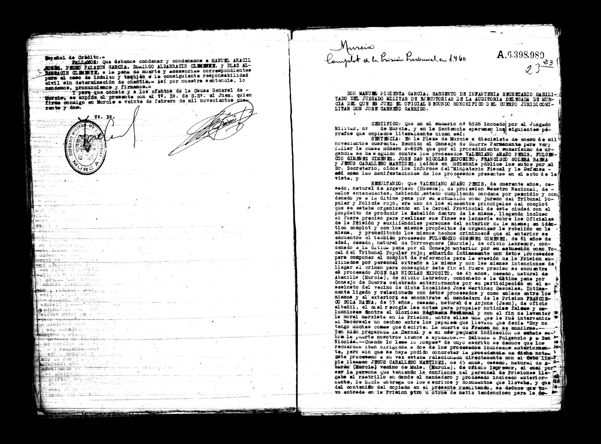 Certificado de la sentencia pronunciada contra Manuel Aracil Gomariz, Pedro Palazón García y Blas Albarracín Clemente, causa 218, el 19 de abril de 1939 en Murcia.